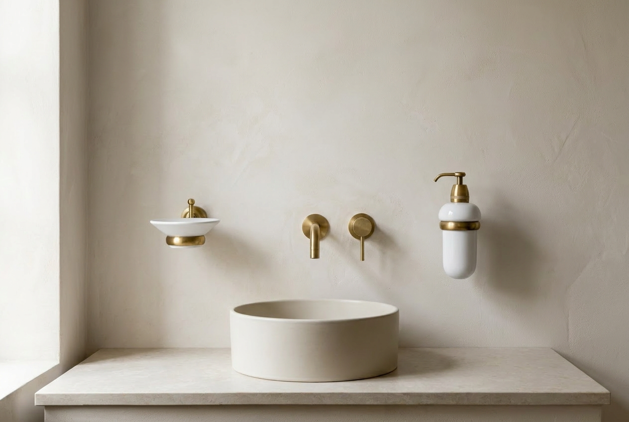 Small bathroom basin area with approved wall-mounted brass soap dish and dispenser comparison near a clear countertop