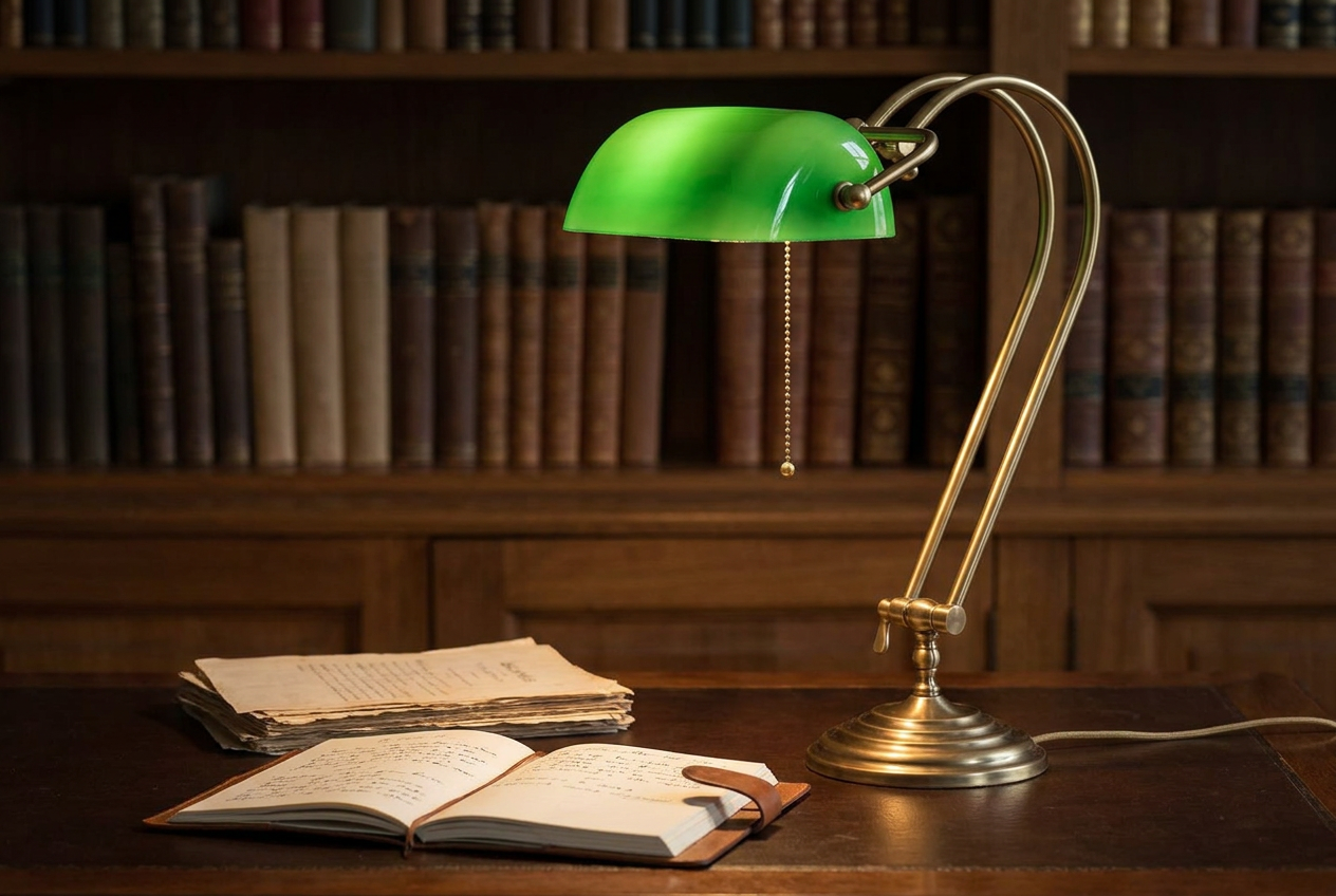 Classic green-shaded brass banker's desk lamp casting focused light on a dark wood library desk