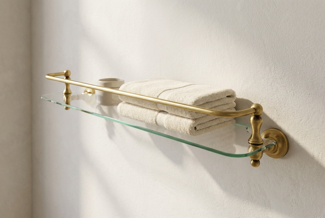 Ottavia glass and brass bathroom shelf with guard rail in Bronze Satin Brass styled with folded towels on a refined bathroom wall