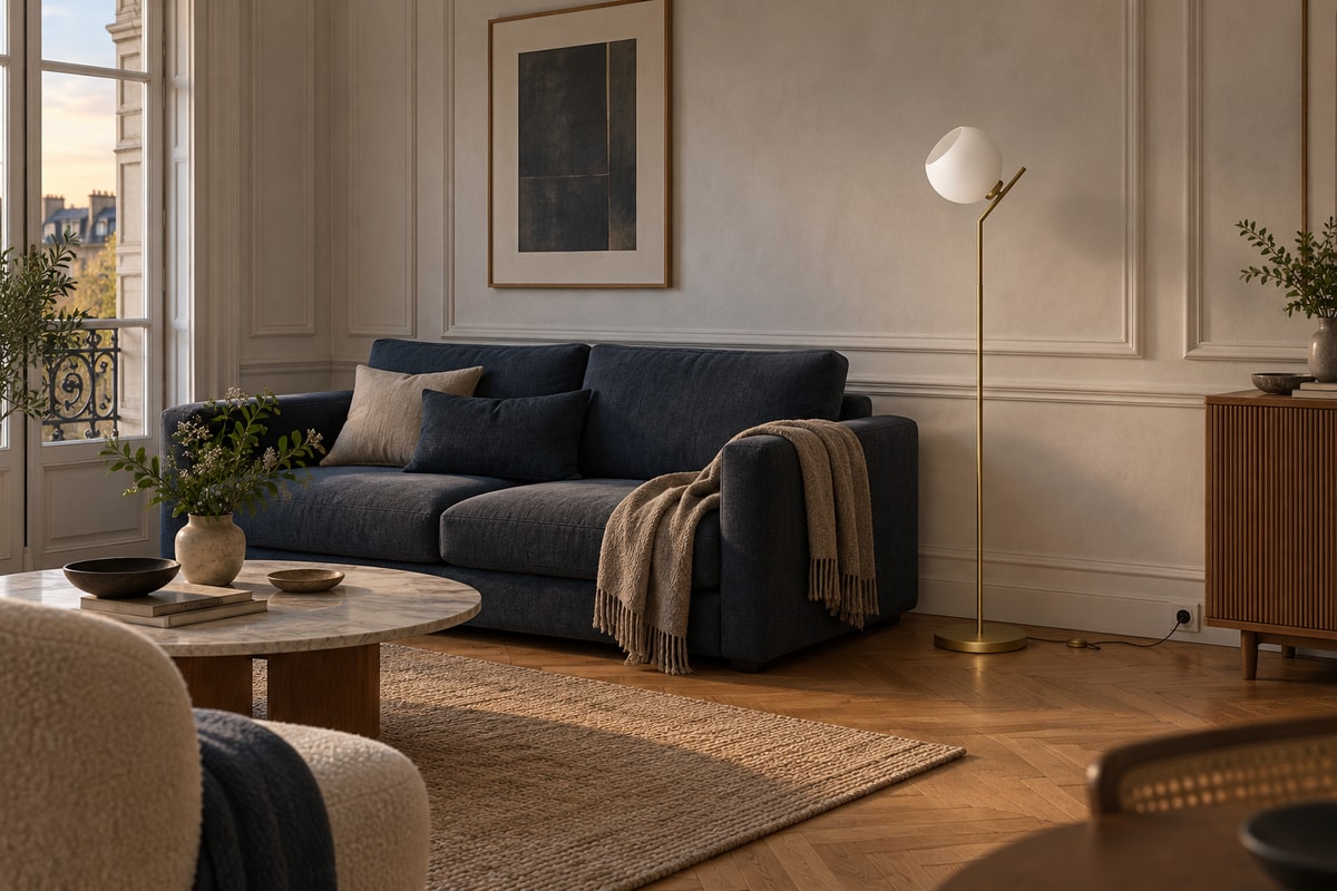 Trivia floor lamp with a white sphere along the wall beside the sofa