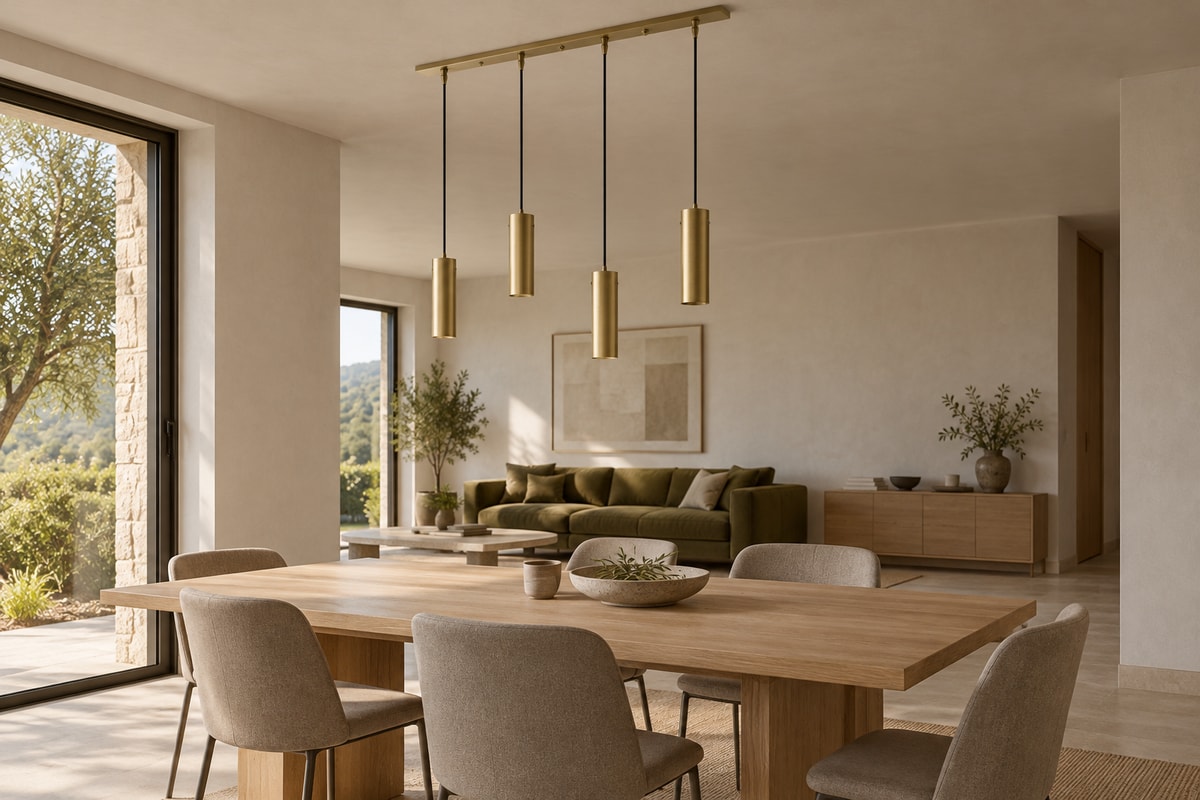 Four-cylinder Venere pendant above an oak dining table in an open plan room