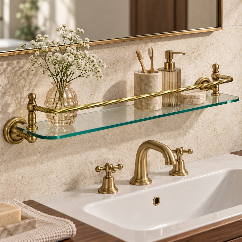 Impero glass shelf in bronze satin brass beneath a mirror and above a bathroom basin.