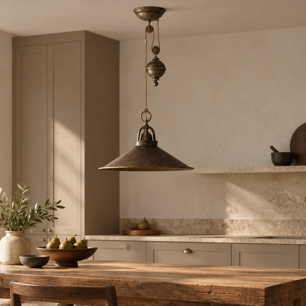 Sospensione Country in ottone scuro con saliscendi e contrappeso sopra un tavolo da cucina in legno.