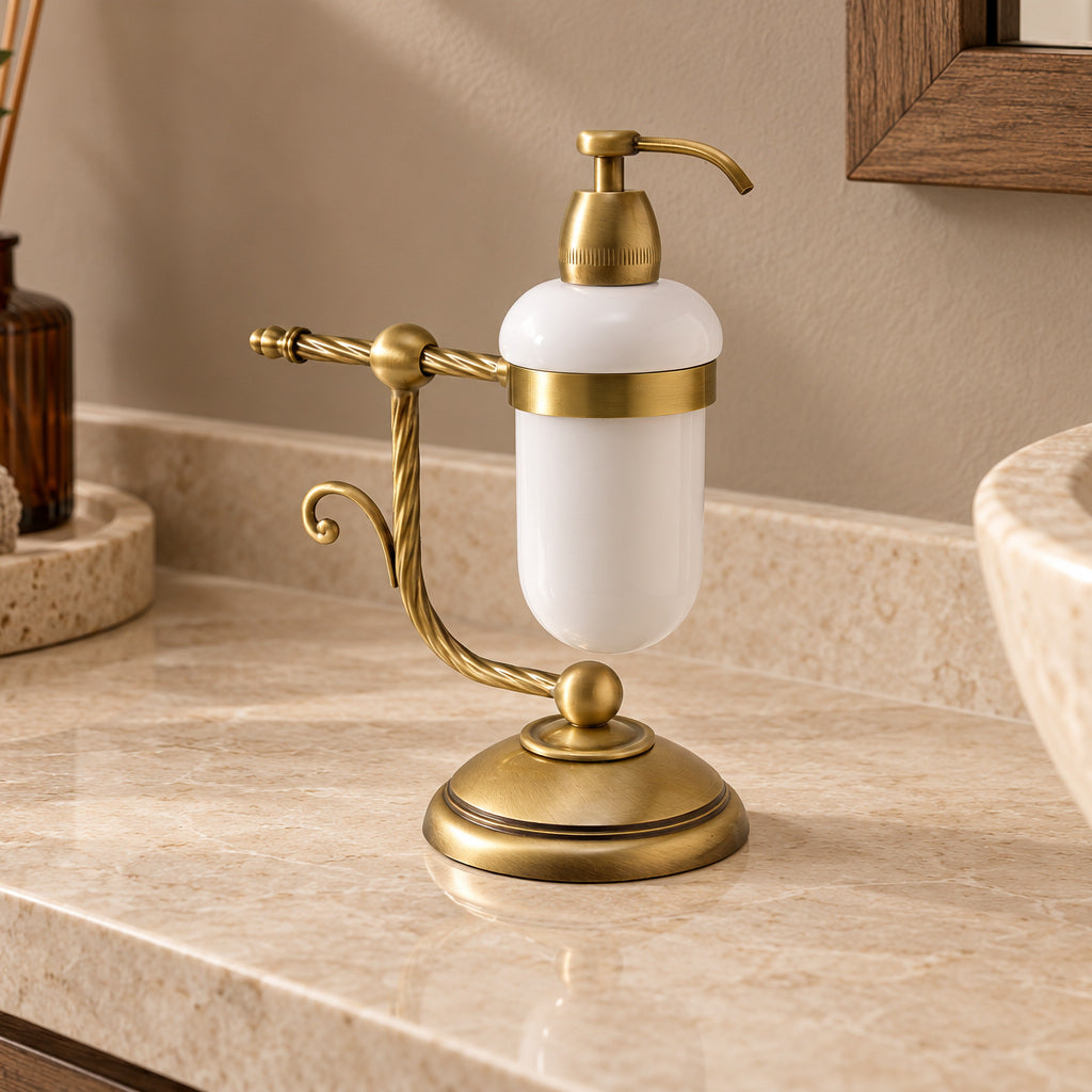 Dispenser Impero in ceramica bianca su supporto in ottone ritorto, appoggiato sul piano del bagno.