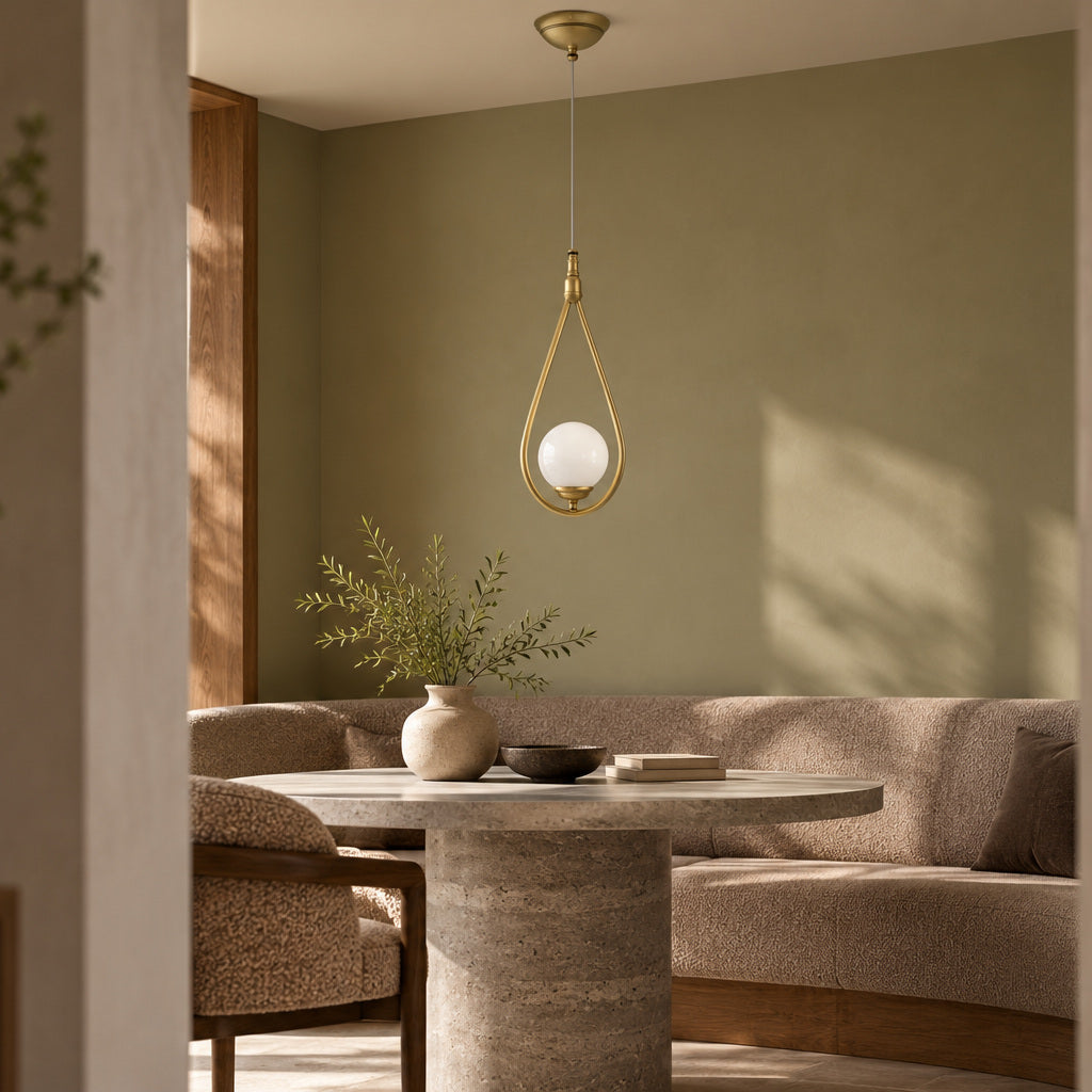 Suspension Iside à cadre en goutte en laiton et globe blanc, au-dessus d’une table ronde.