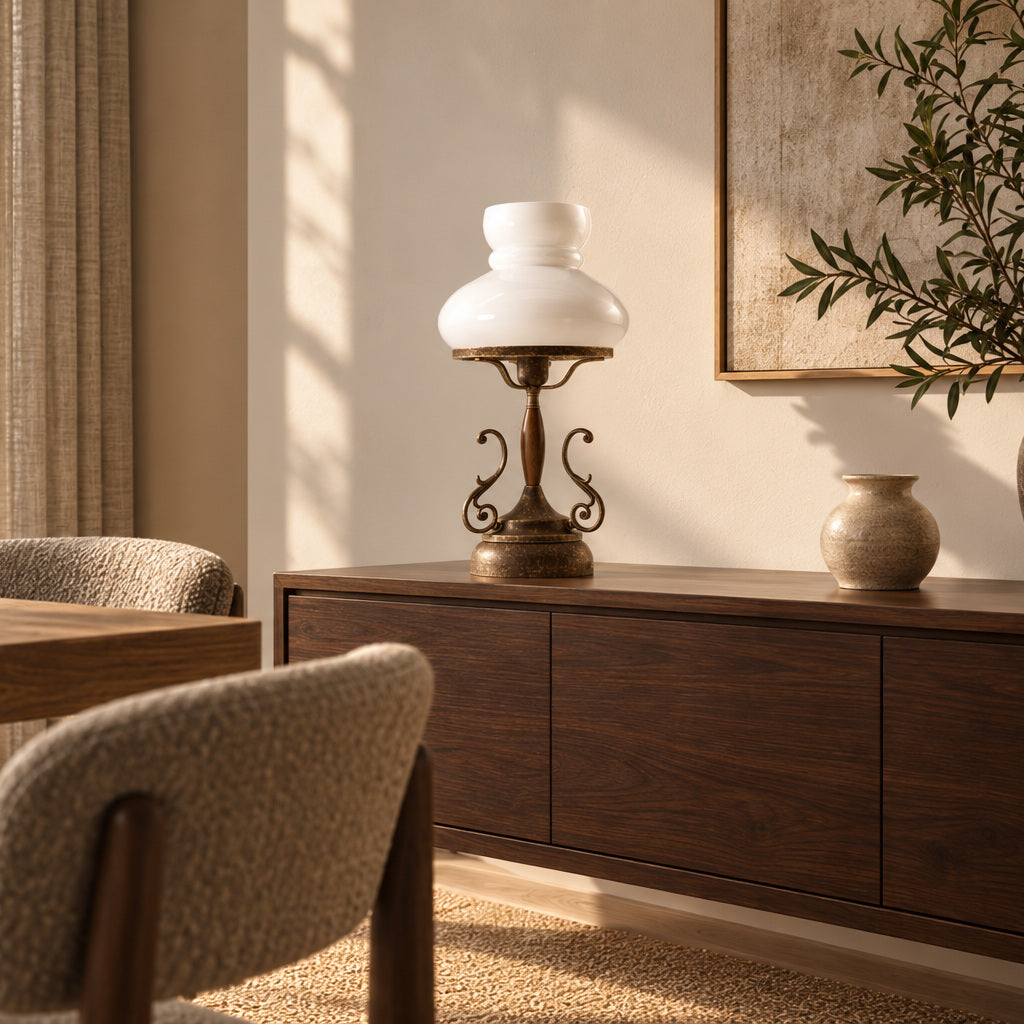 Lampada da tavolo Mississippi in ottone anticato con paralume in vetro bianco su una credenza in noce in una sala da pranzo luminosa.