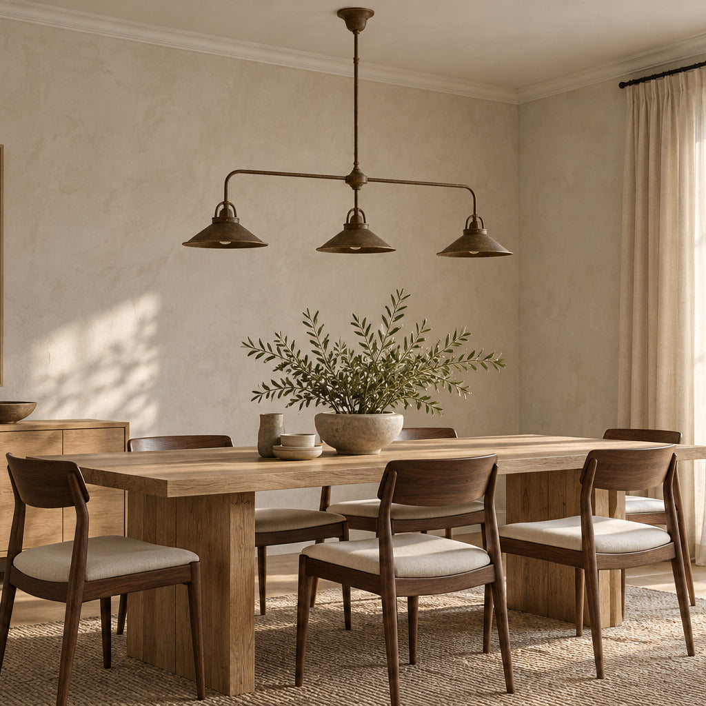 ALICE chandelier in Antique Brass with three conical shades above an oak dining table