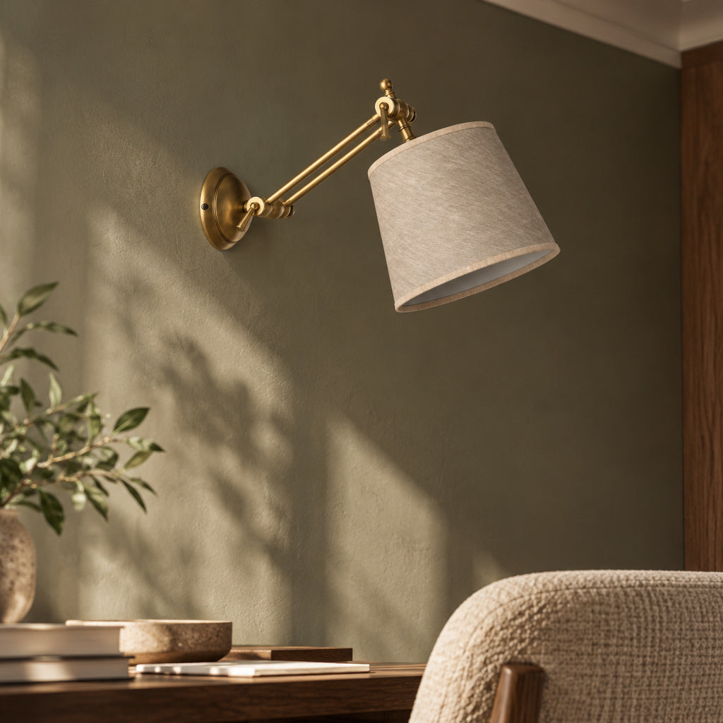 Wandleuchte aus Messing in Bronzeoptik mit hellem Stoffschirm an einer olivfarbenen Wand neben einem Bücherregal.