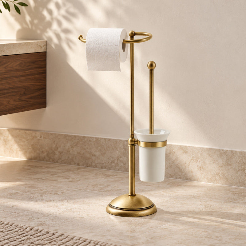 Alba WC-Standgarnitur in Satin Bronze mit weißem Keramikbehälter und Papierrolle in einem Bad mit Kalkstein