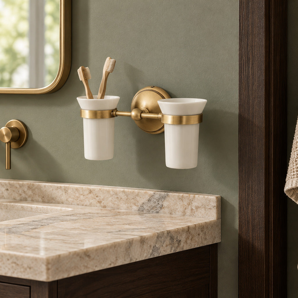 Alba double wall-mounted tumbler holder in Bronze Satin Brass with two white ceramic cups beside a bathroom mirror.