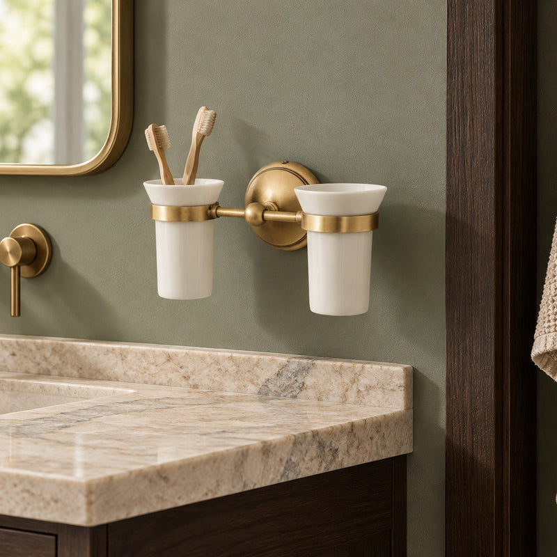 Alba Doppelhalter aus Messing in Satin Bronze mit zwei weißen Keramikbechern neben einem Badezimmerspiegel.