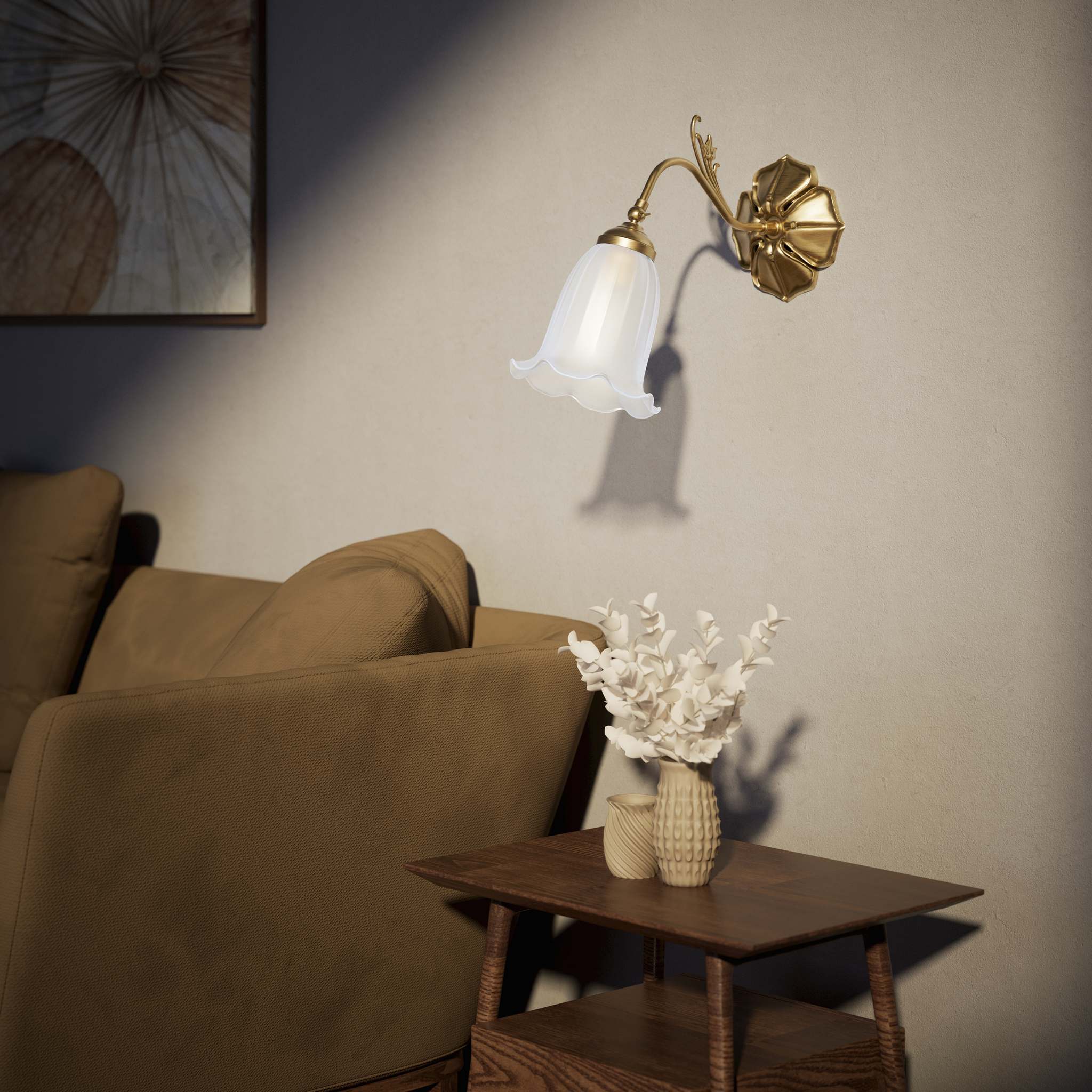 Floral brass wall lamp with frosted glass shade, romantic style by Ghidini 1849 - Finish: OBS Bronze Satin Brass