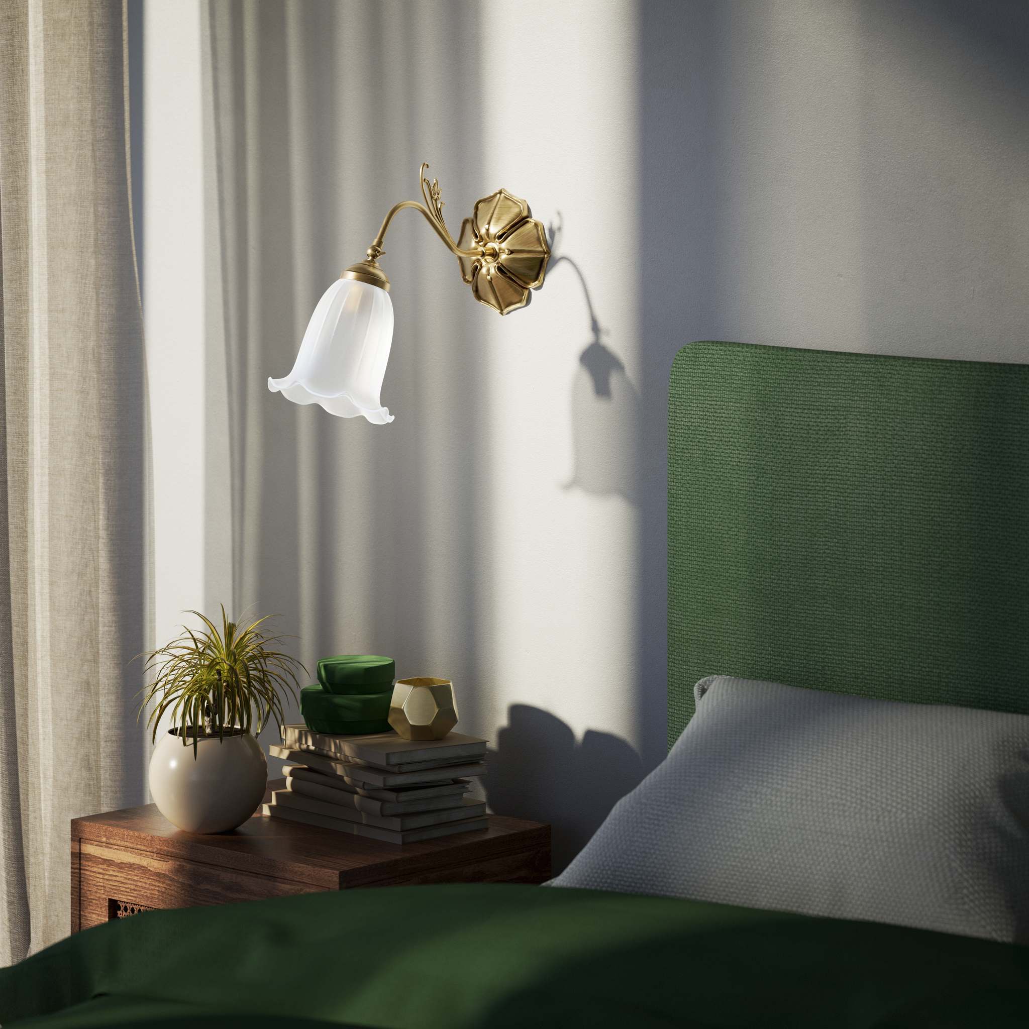 Floral brass wall lamp with frosted glass shade, romantic style by Ghidini 1849 - Finish: OBS Bronze Satin Brass