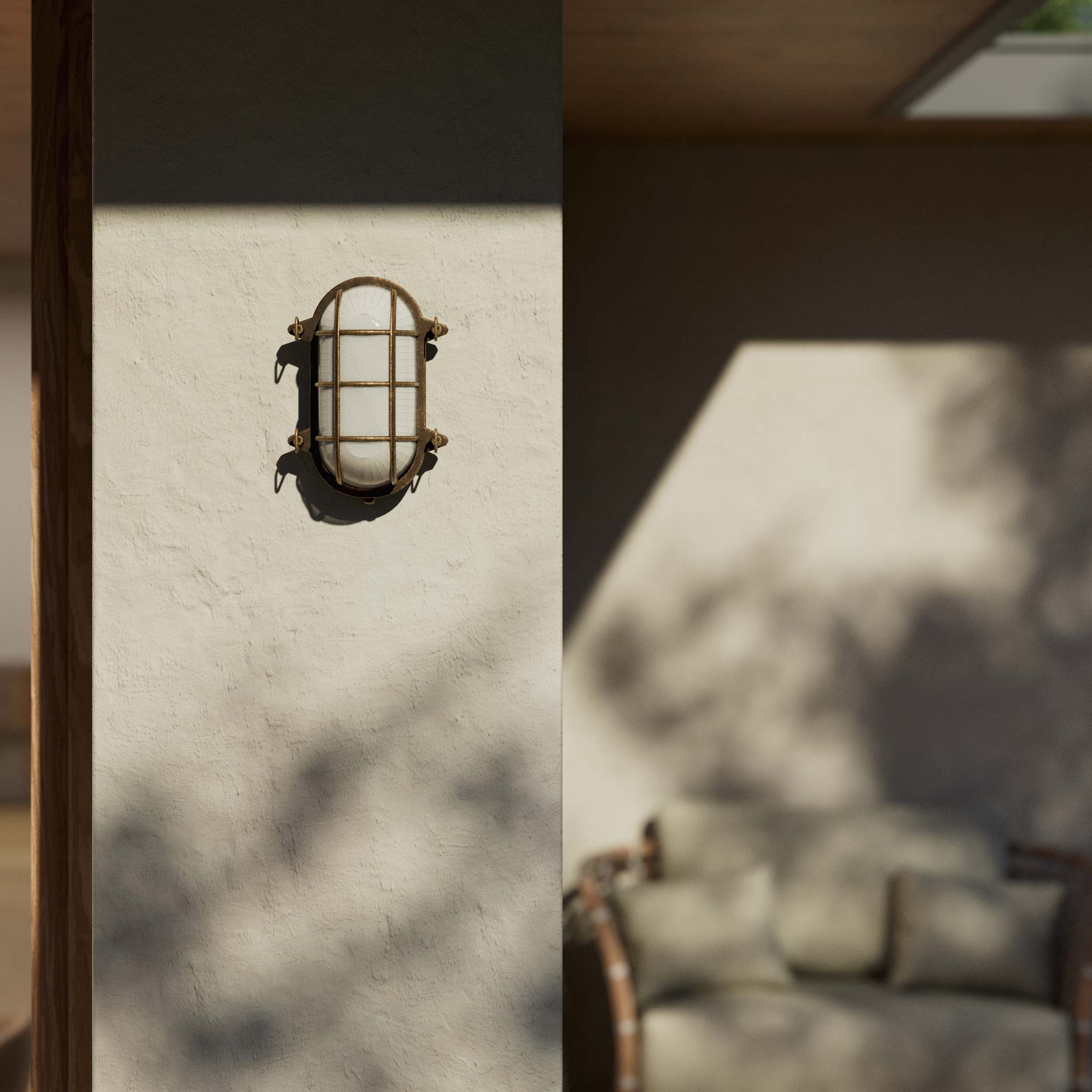 Nautical outdoor wall lamp in brass with protective grid and glass, maritime style for outdoor lighting by Ghidini 1849 - Finish: OAS Antique Brass