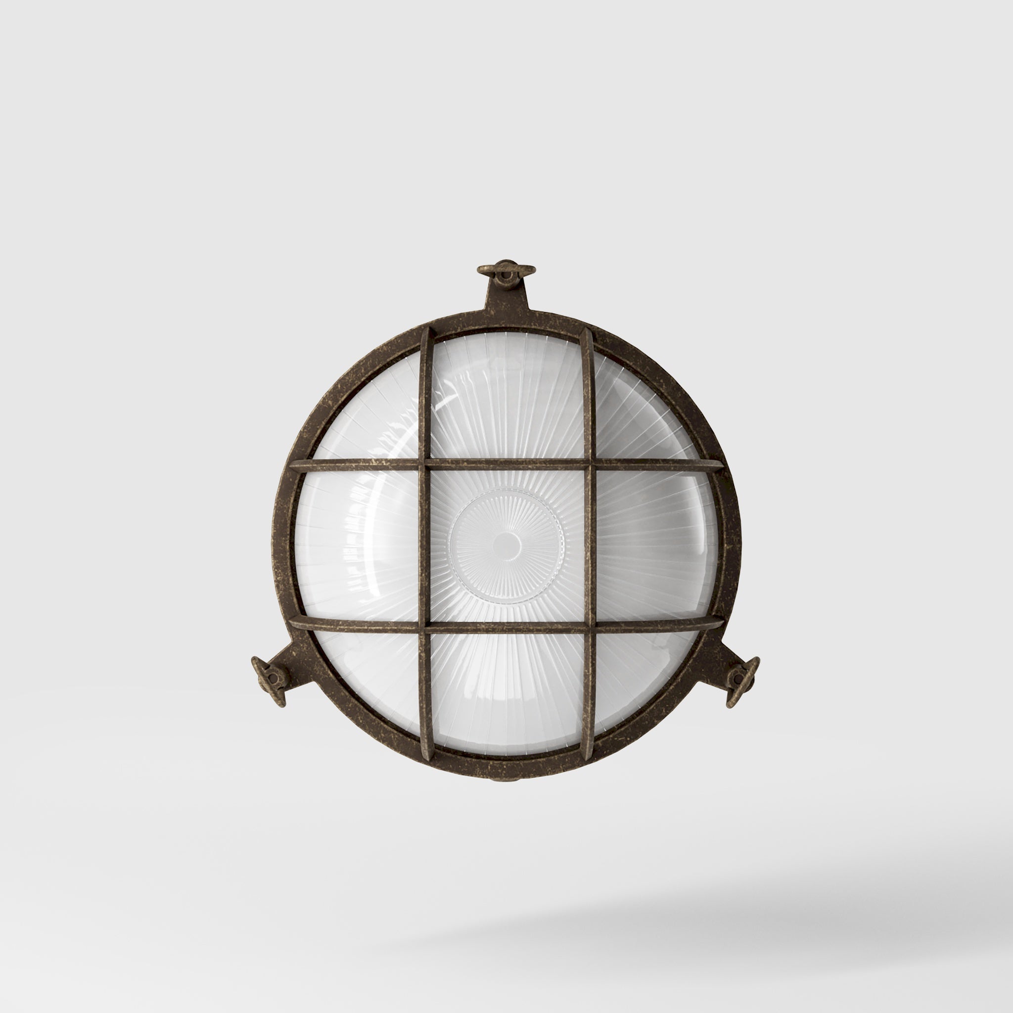 Round outdoor wall lamp in brass with protective grid and glass, marine style for outdoor lighting by Ghidini 1849 - Finish: OAS Antique Brass