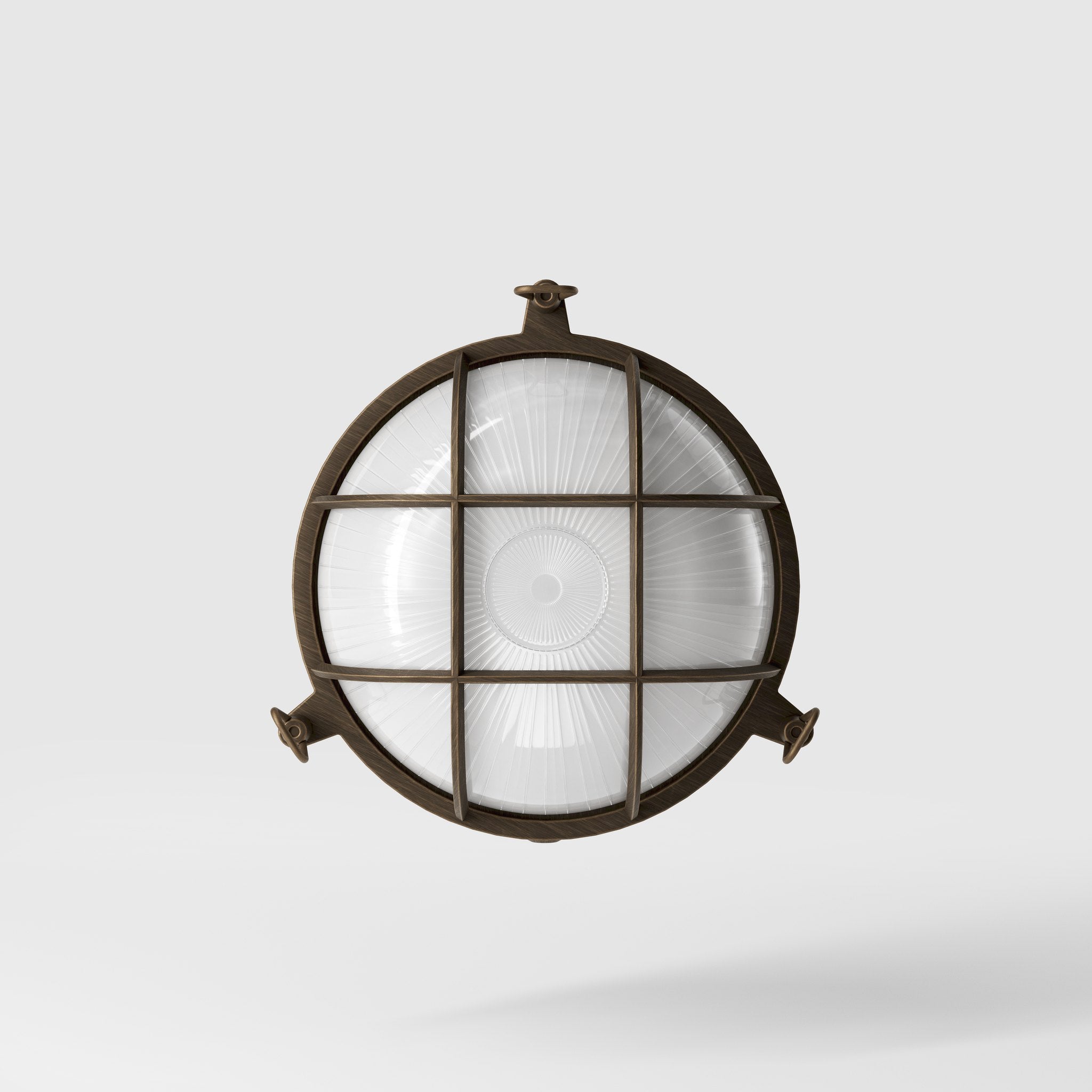 Round outdoor wall lamp in brass with protective grid and glass, marine style for outdoor lighting by Ghidini 1849 - Finish: OBM Bronze Satin Matt Brass
