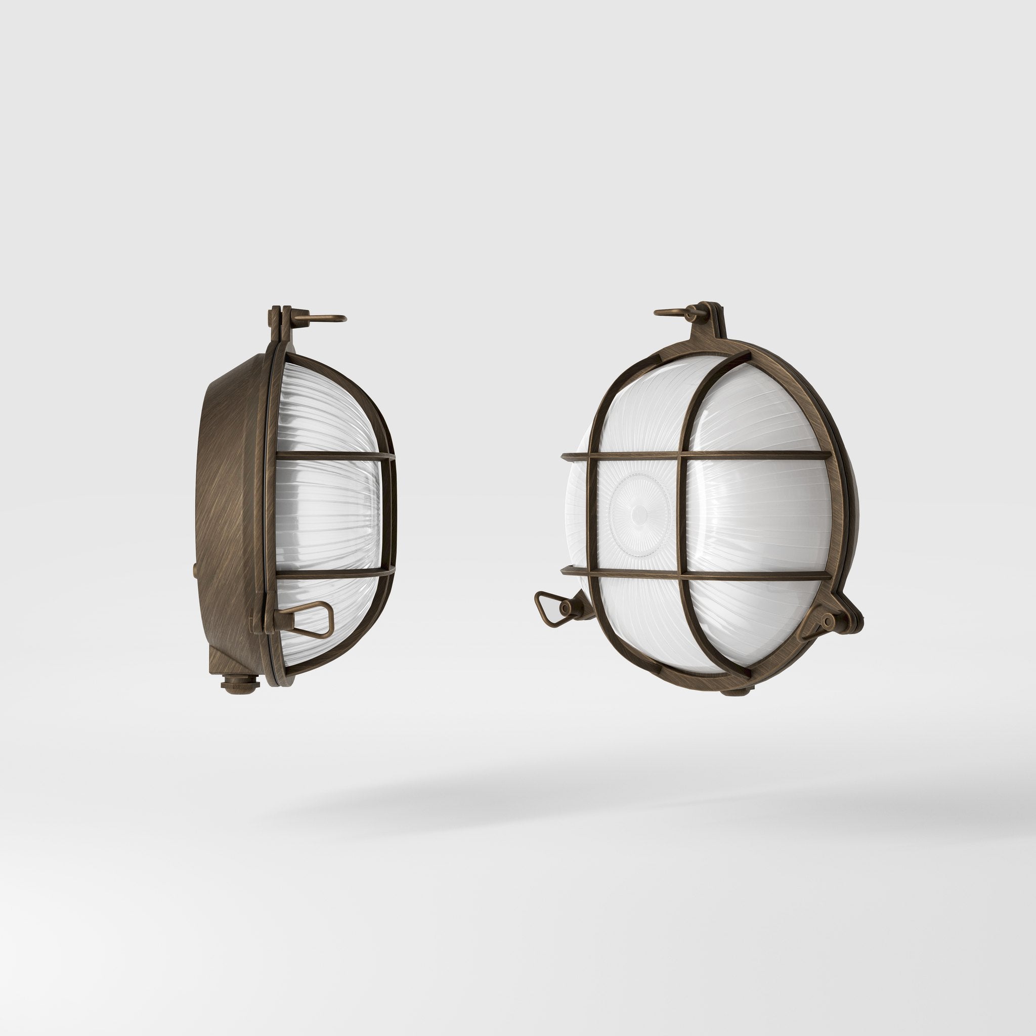 Round outdoor wall lamp in brass with protective grid and glass, marine style for outdoor lighting by Ghidini 1849 - Finish: OBM Bronze Satin Matt Brass
