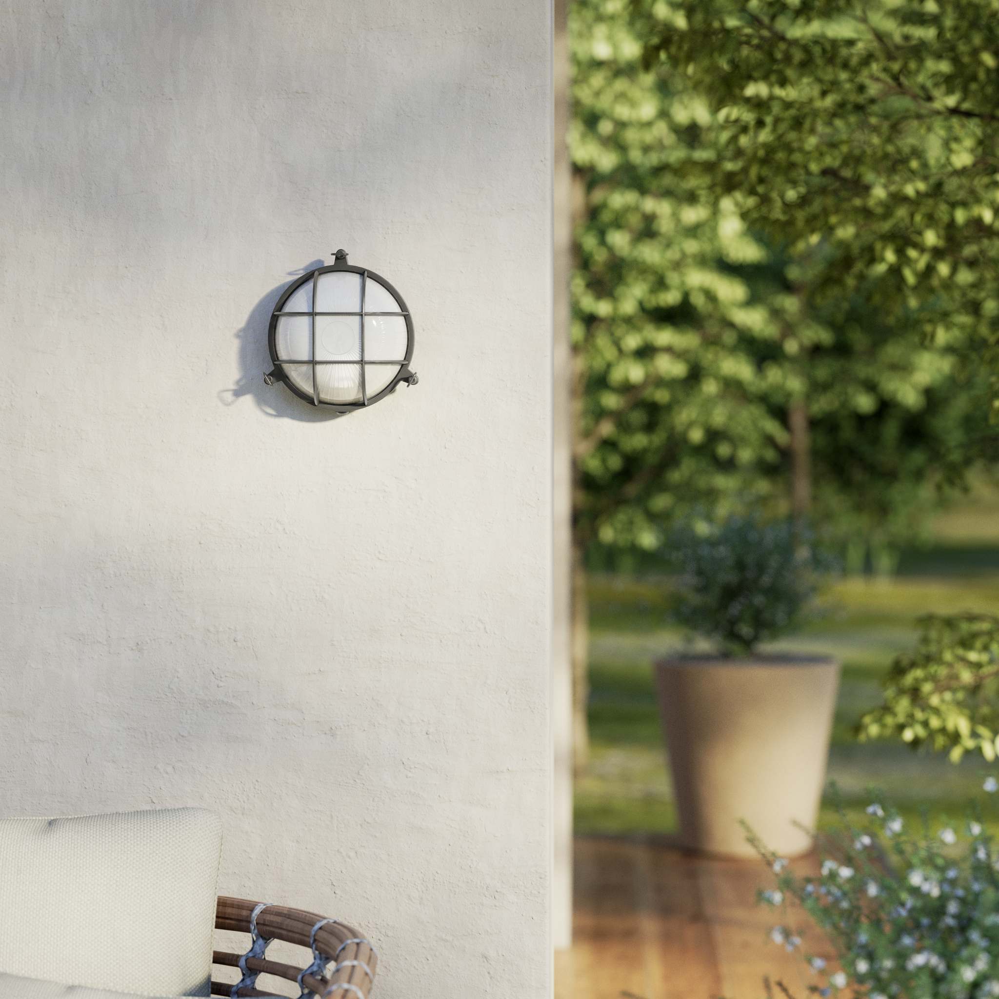 Round outdoor wall lamp in brass with protective grid and glass, marine style for outdoor lighting by Ghidini 1849 - Finish: OBR Dark Bronze