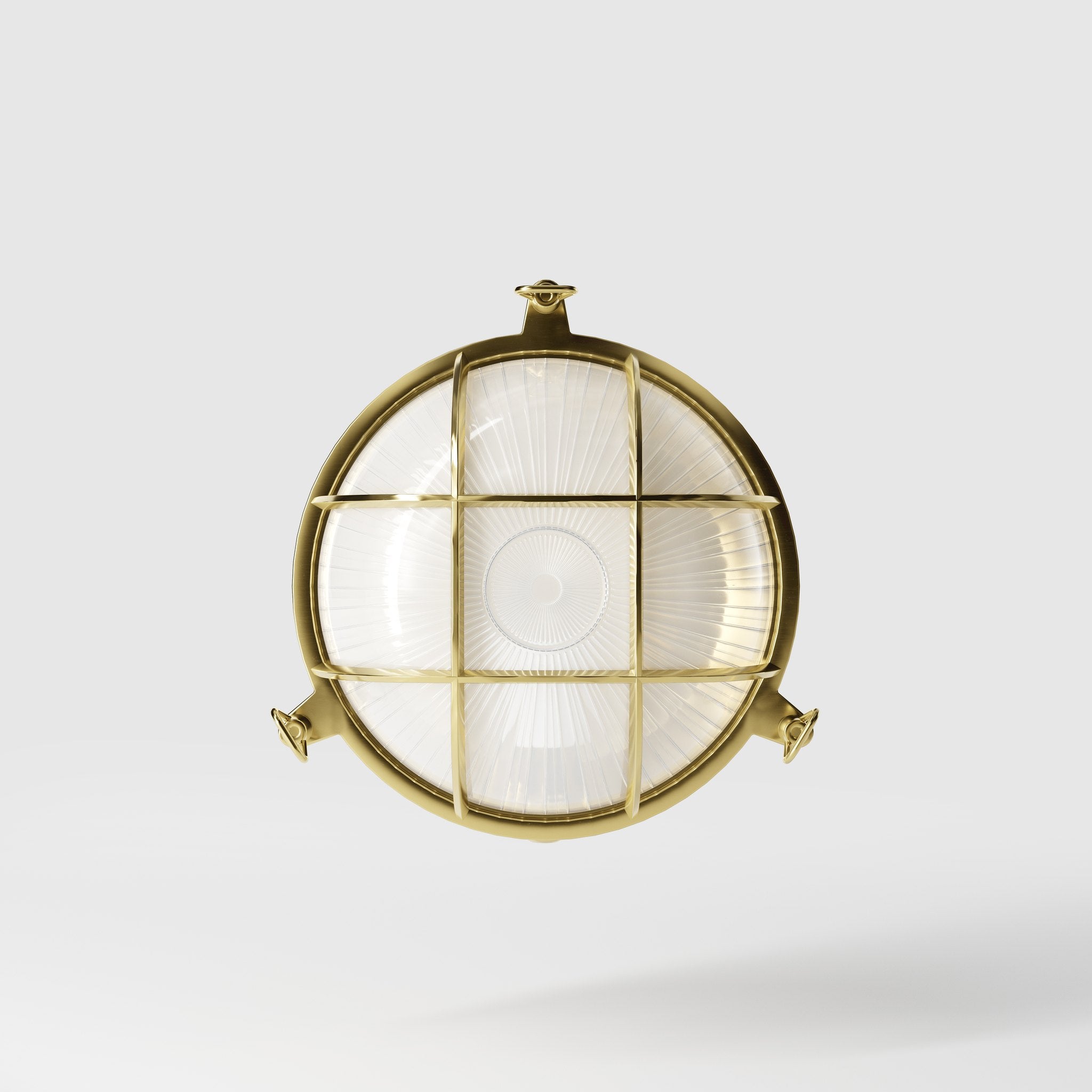 Round outdoor wall lamp in brass with protective grid and glass, marine style for outdoor lighting by Ghidini 1849 - Finish: OLV Polished Brass