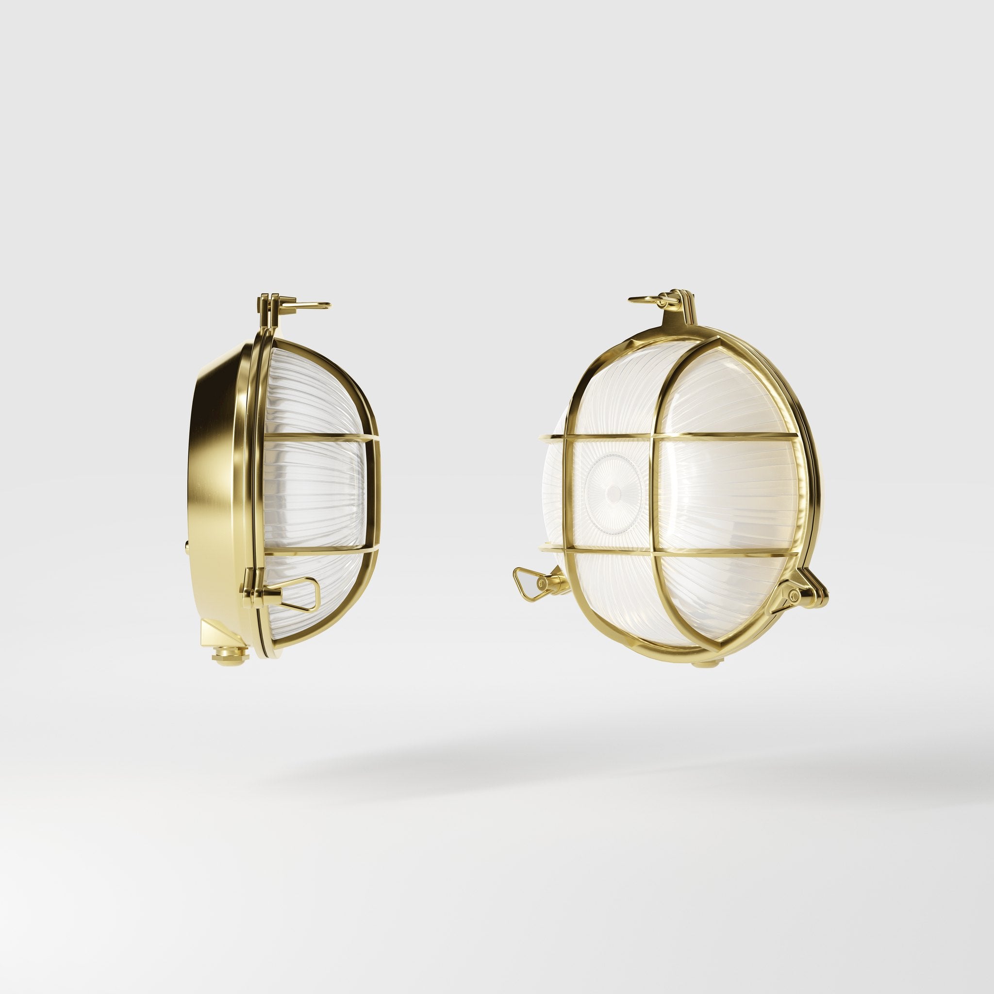 Round outdoor wall lamp in brass with protective grid and glass, marine style for outdoor lighting by Ghidini 1849 - Finish: OLV Polished Brass