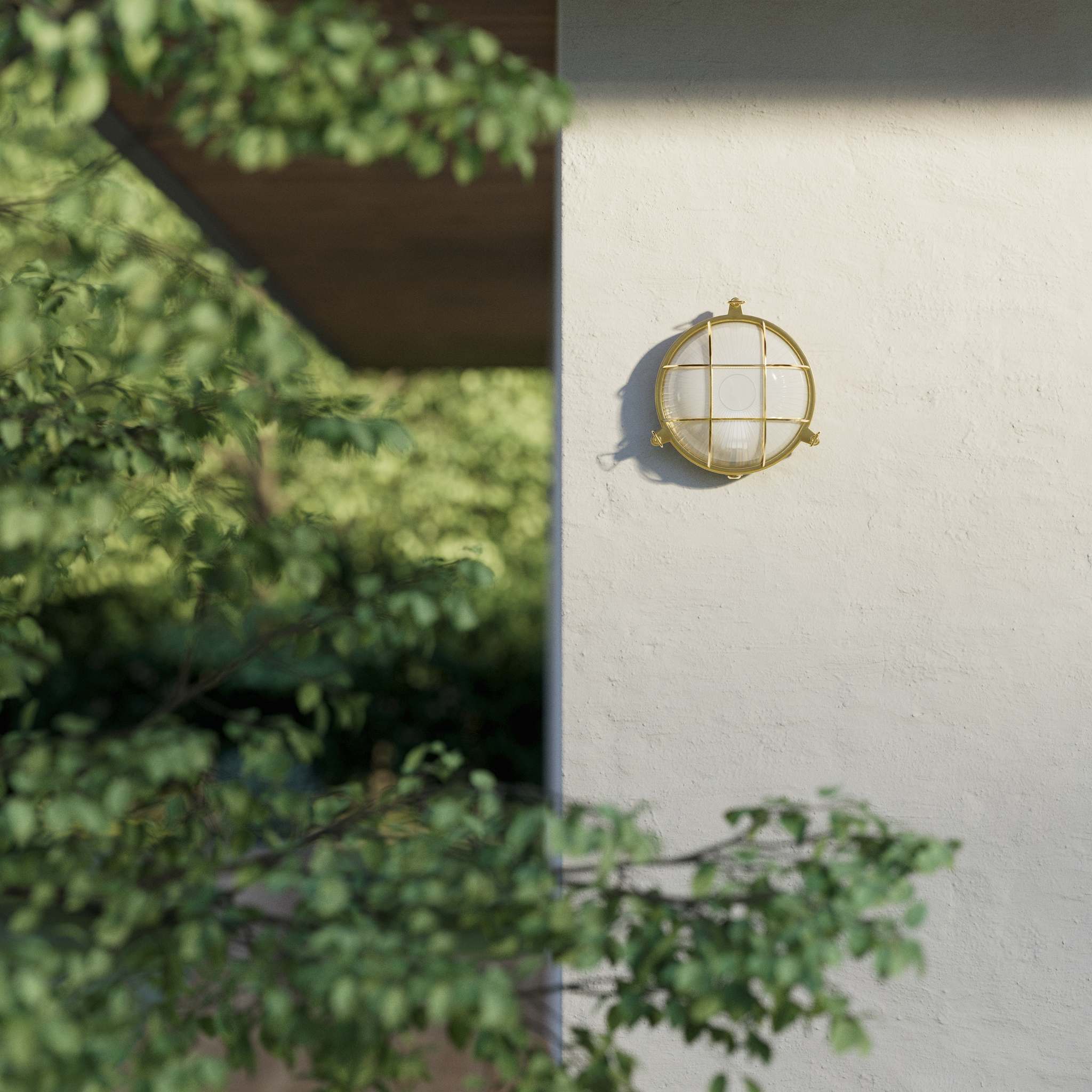 Round outdoor wall lamp in brass with protective grid and glass, marine style for outdoor lighting by Ghidini 1849 - Finish: OLV Polished Brass