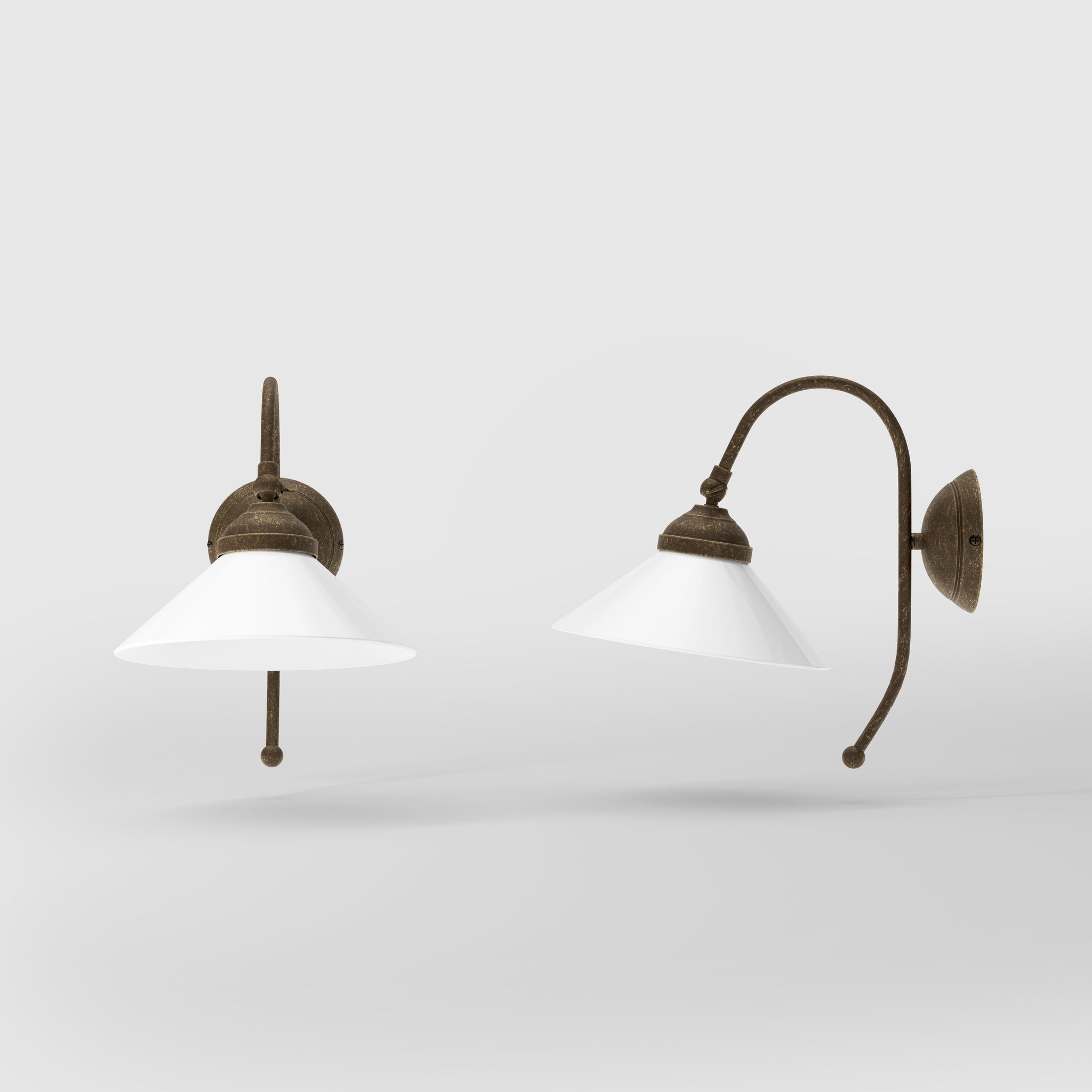 Wall lamp with adjustable brass arm and conical glossy white glass shade, elegant Made in Italy design by Ghidini 1849 - Finish: OAS Antique Brass