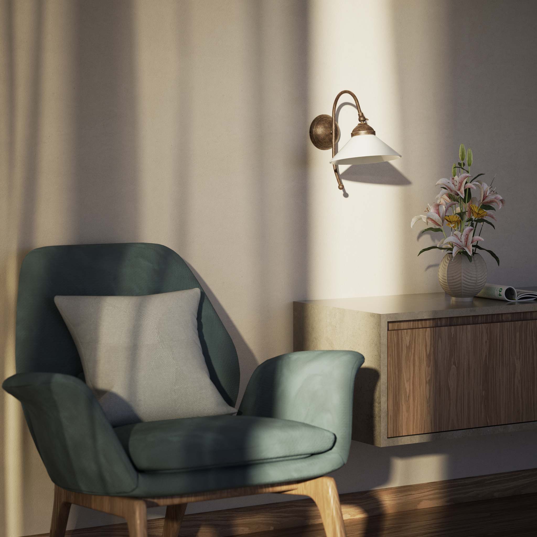 Wall lamp with adjustable brass arm and conical glossy white glass shade, elegant Made in Italy design by Ghidini 1849 - Finish: OAS Antique Brass