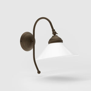 Wall lamp with adjustable brass arm and conical glossy white glass shade, elegant Made in Italy design by Ghidini 1849 - Finish: OBM Bronze Satin Matt Brass