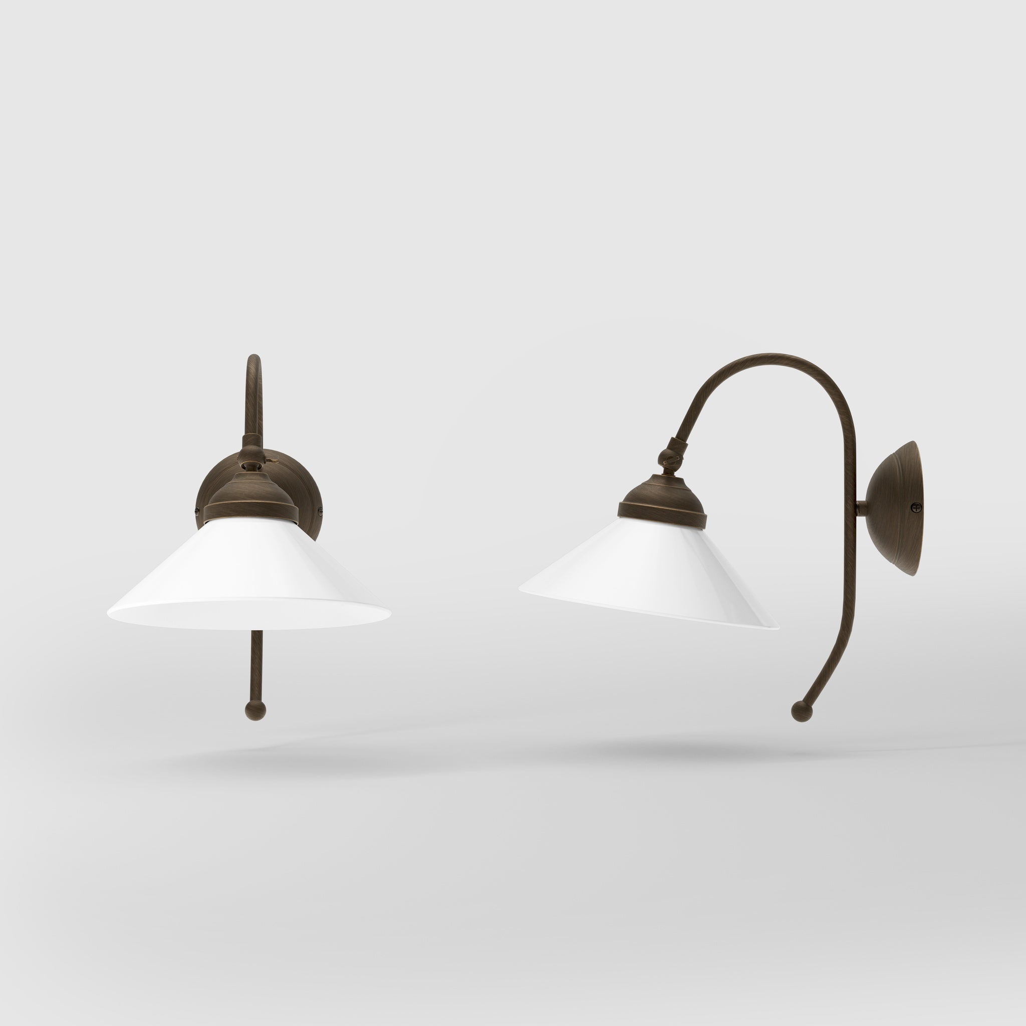 Wall lamp with adjustable brass arm and conical glossy white glass shade, elegant Made in Italy design by Ghidini 1849 - Finish: OBM Bronze Satin Matt Brass