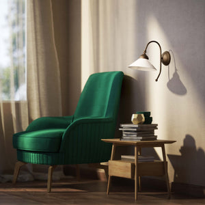 Wall lamp with adjustable brass arm and conical glossy white glass shade, elegant Made in Italy design by Ghidini 1849 - Finish: OBM Bronze Satin Matt Brass