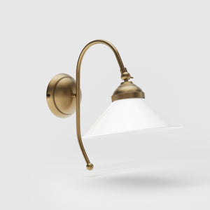 Wall lamp with adjustable brass arm and conical glossy white glass shade, elegant Made in Italy design by Ghidini 1849 - Finish: OBS Bronze Satin Brass