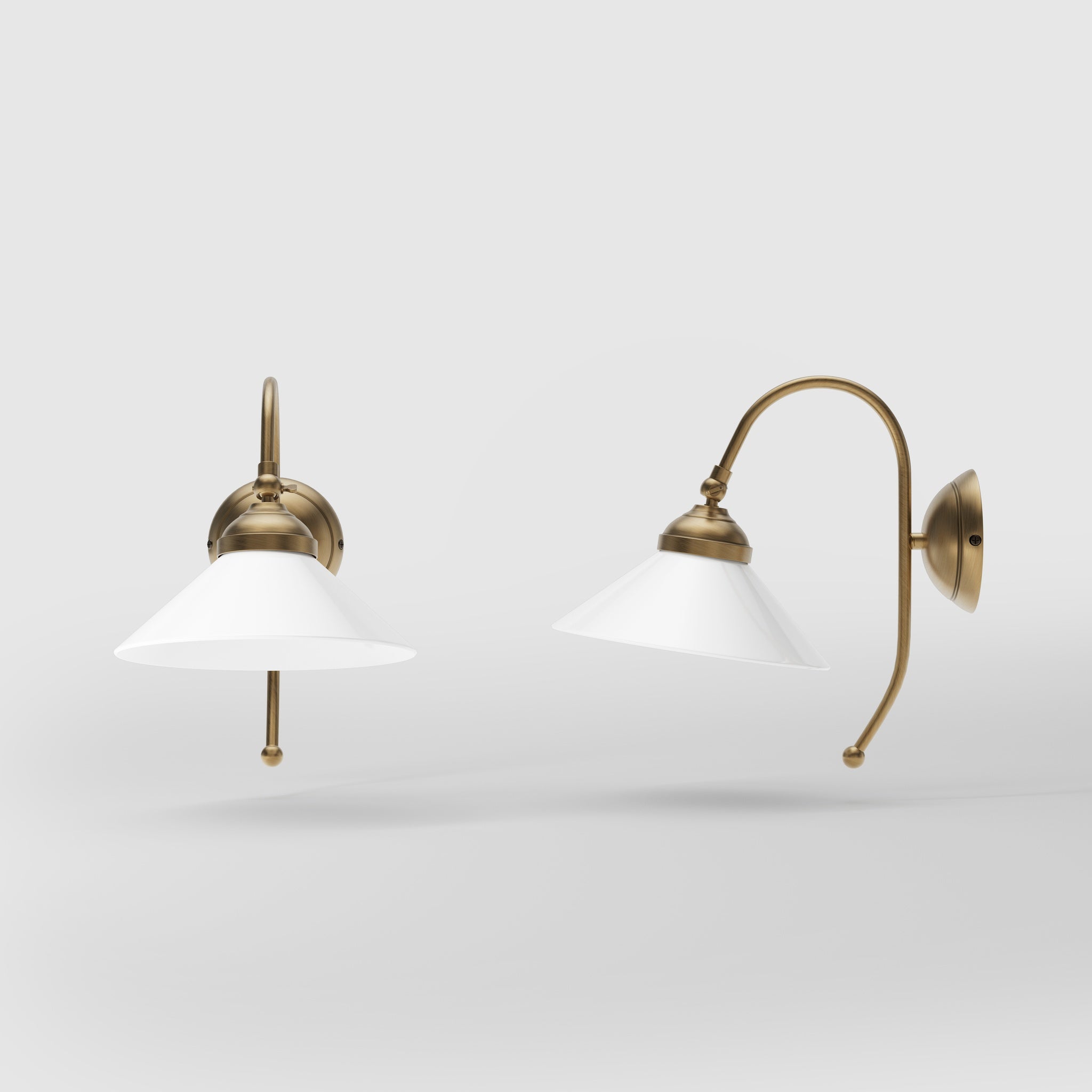 Wall lamp with adjustable brass arm and conical glossy white glass shade, elegant Made in Italy design by Ghidini 1849 - Finish: OBS Bronze Satin Brass