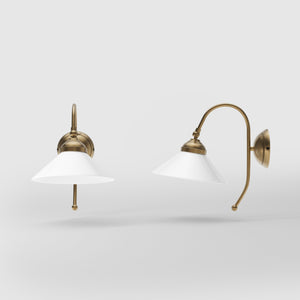 Wall lamp with adjustable brass arm and conical glossy white glass shade, elegant Made in Italy design by Ghidini 1849 - Finish: OBS Bronze Satin Brass