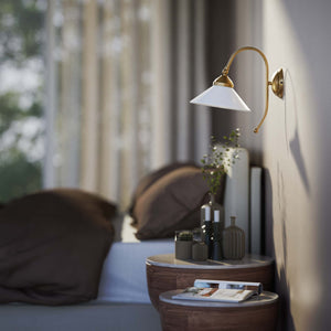 Wall lamp with adjustable brass arm and conical glossy white glass shade, elegant Made in Italy design by Ghidini 1849 - Finish: OBS Bronze Satin Brass