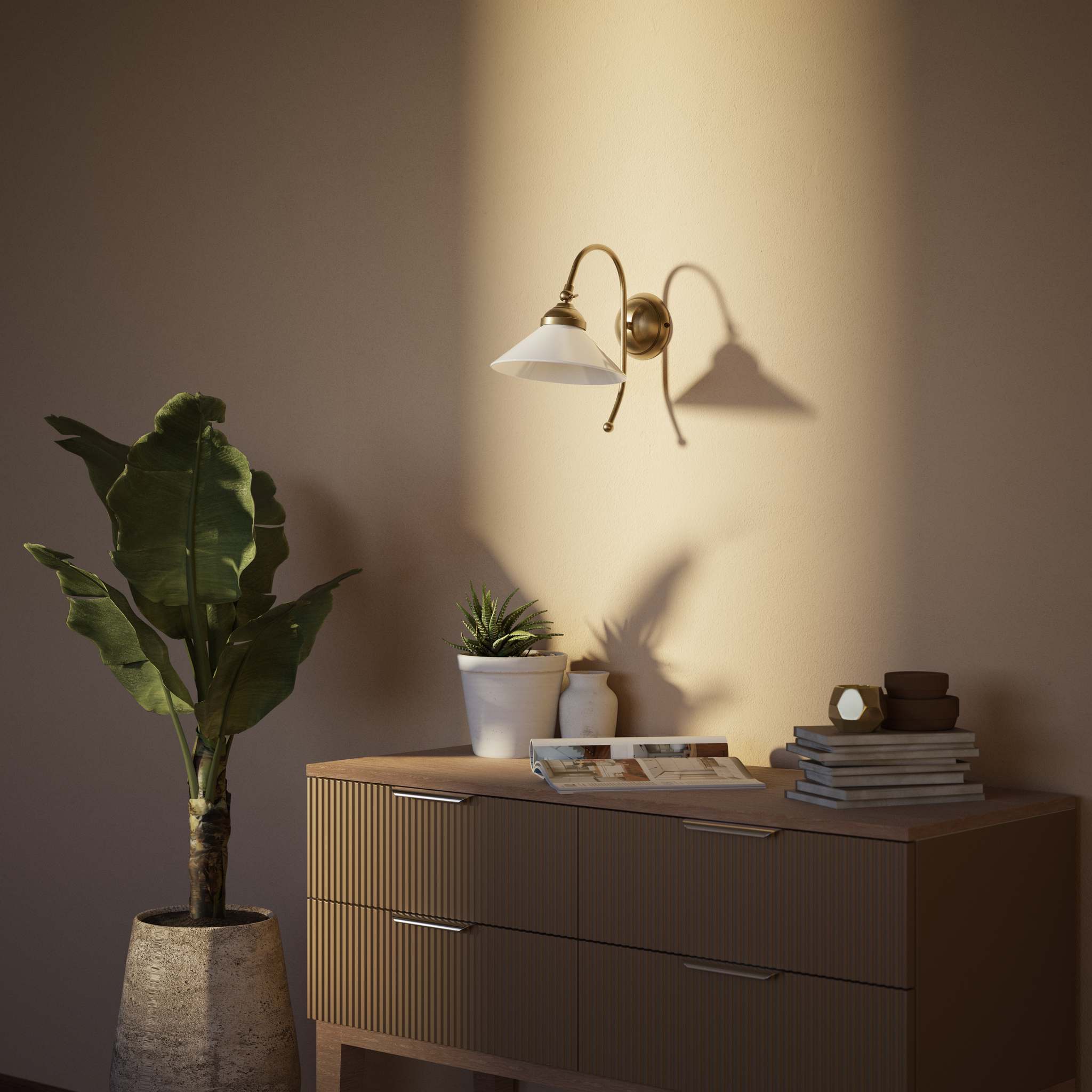 Wall lamp with adjustable brass arm and conical glossy white glass shade, elegant Made in Italy design by Ghidini 1849 - Finish: OBS Bronze Satin Brass