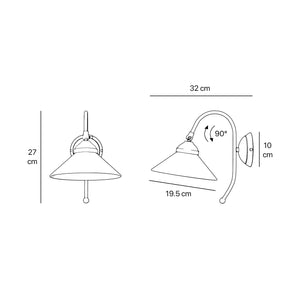 Wall lamp with adjustable brass arm and conical glossy white glass shade, elegant Made in Italy design by Ghidini 1849