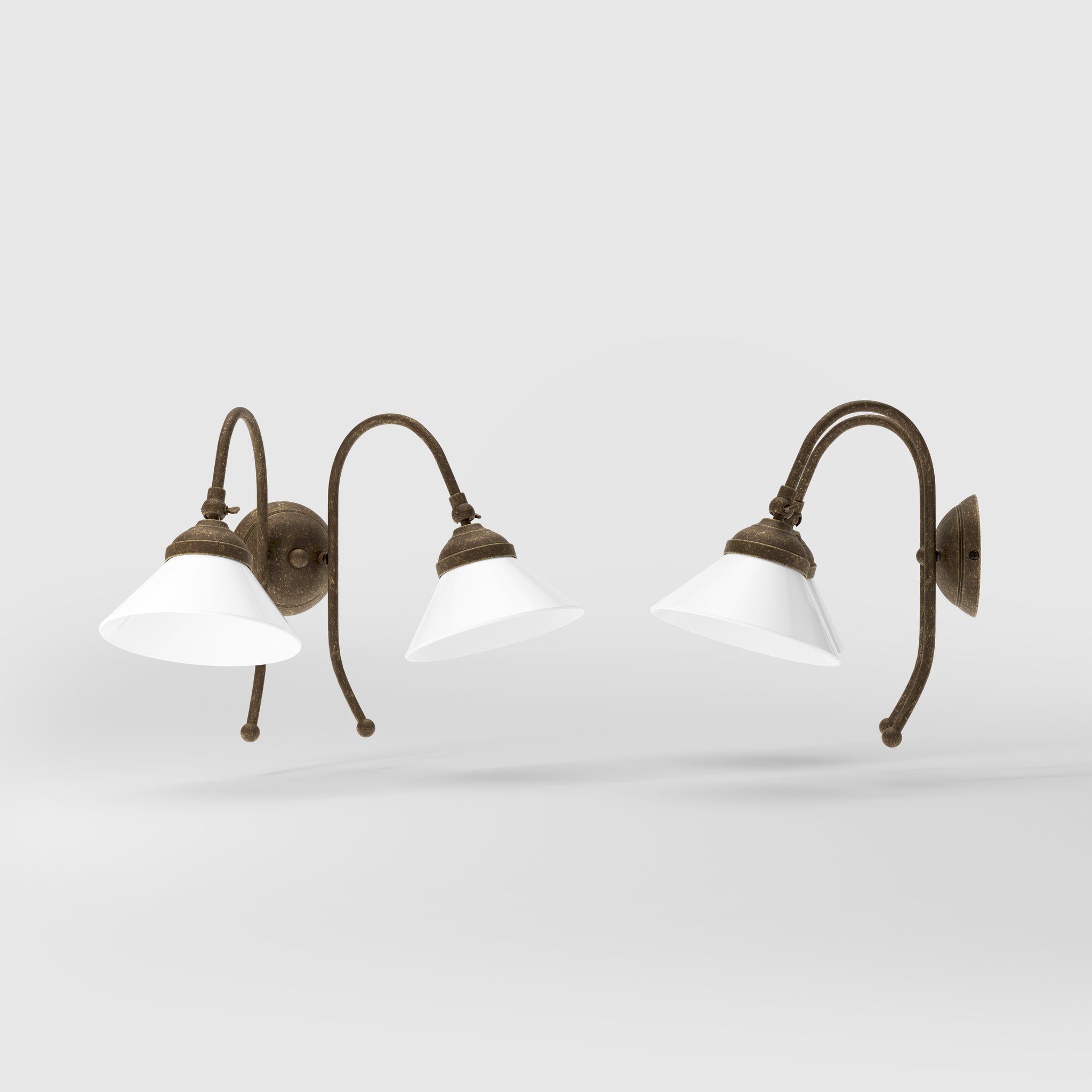 Double wall lamp in brass with conical glossy white glass shades and adjustable joints Italian design Made in Italy by Ghidini 1849 - Finish: OAS Antique Brass