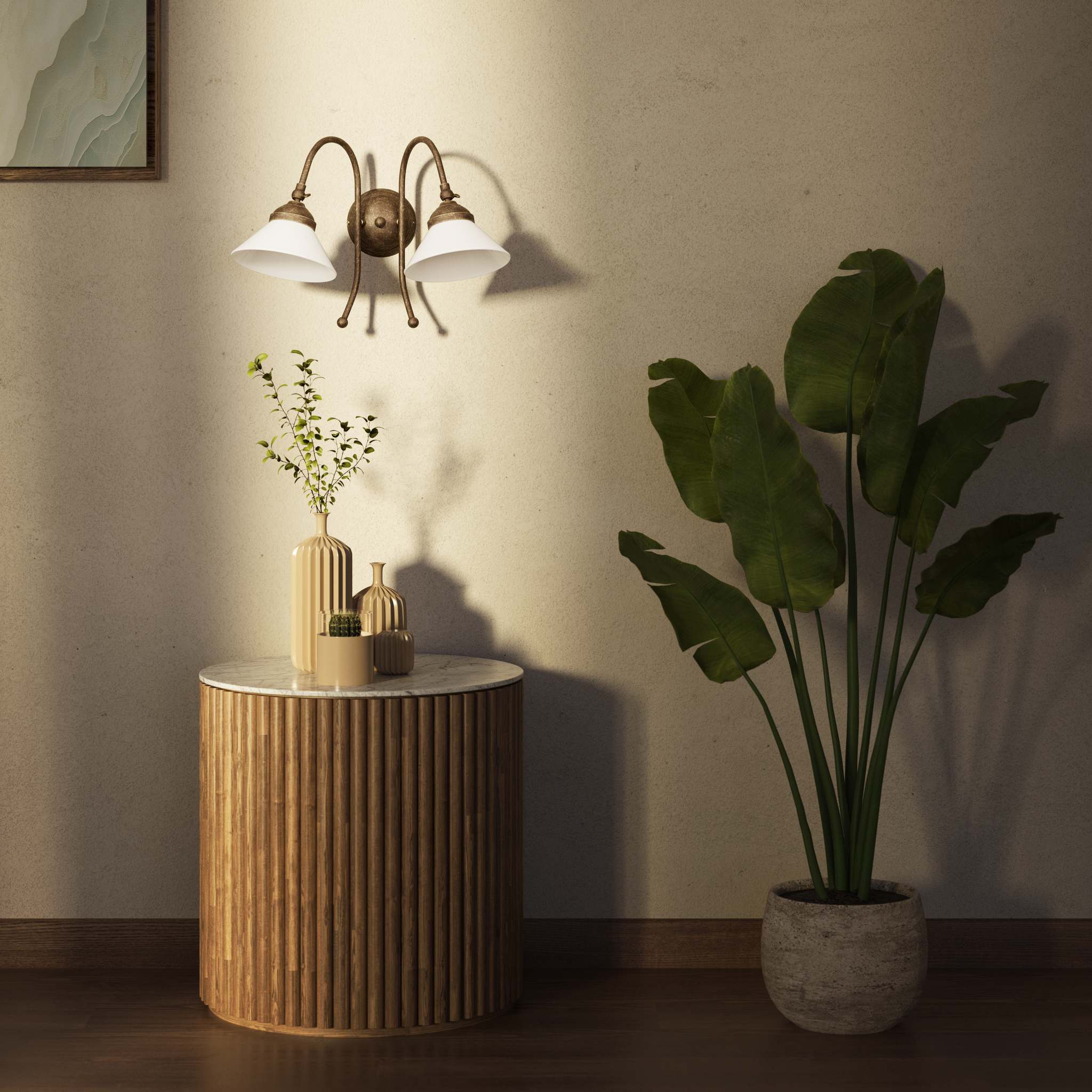 Double wall lamp in brass with conical glossy white glass shades and adjustable joints Italian design Made in Italy by Ghidini 1849 - Finish: OAS Antique Brass