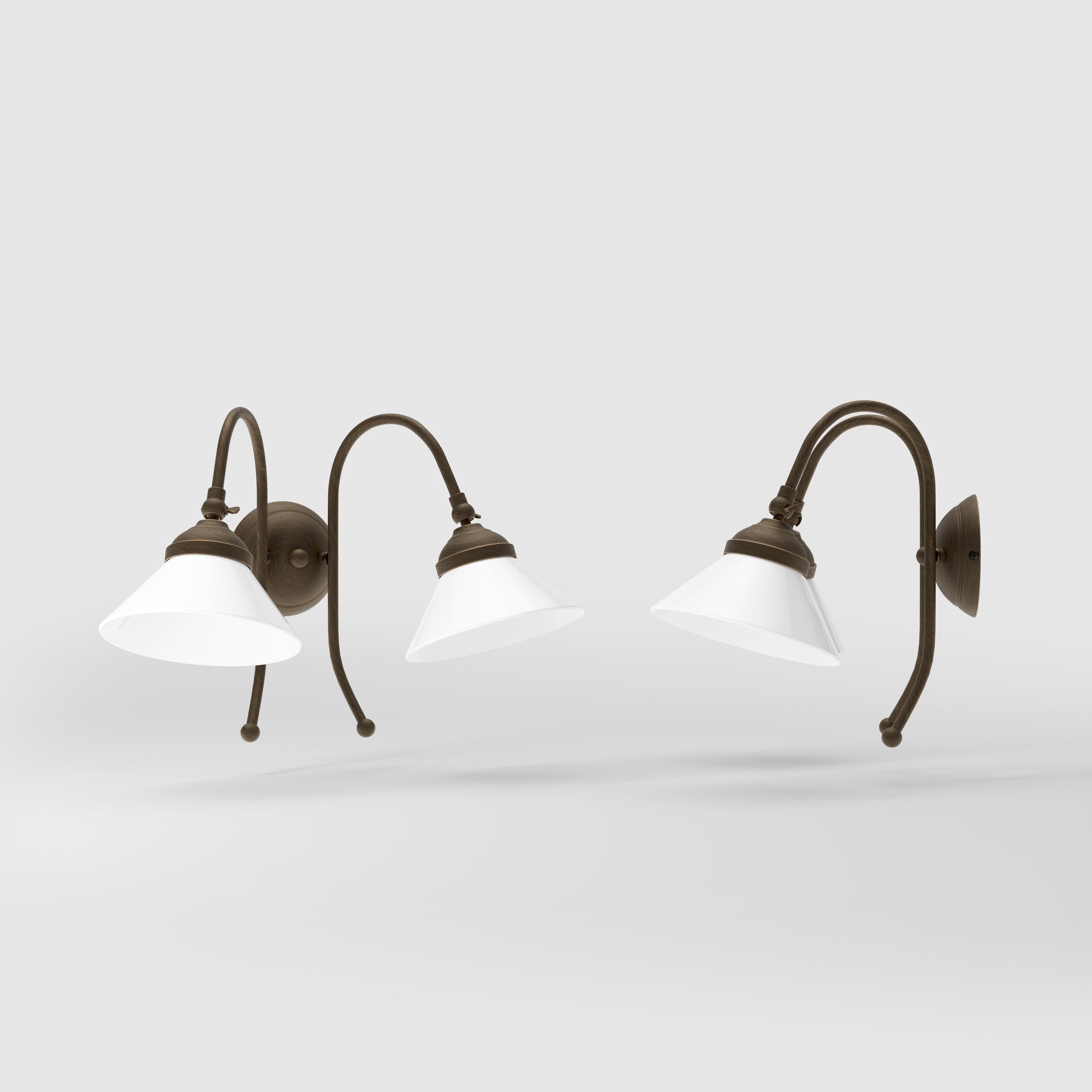 Double wall lamp in brass with conical glossy white glass shades and adjustable joints Italian design Made in Italy by Ghidini 1849 - Finish: OBM Bronze Satin Matt Brass