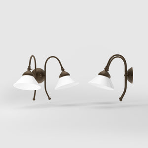 Double wall lamp in brass with conical glossy white glass shades and adjustable joints Italian design Made in Italy by Ghidini 1849 - Finish: OBM Bronze Satin Matt Brass
