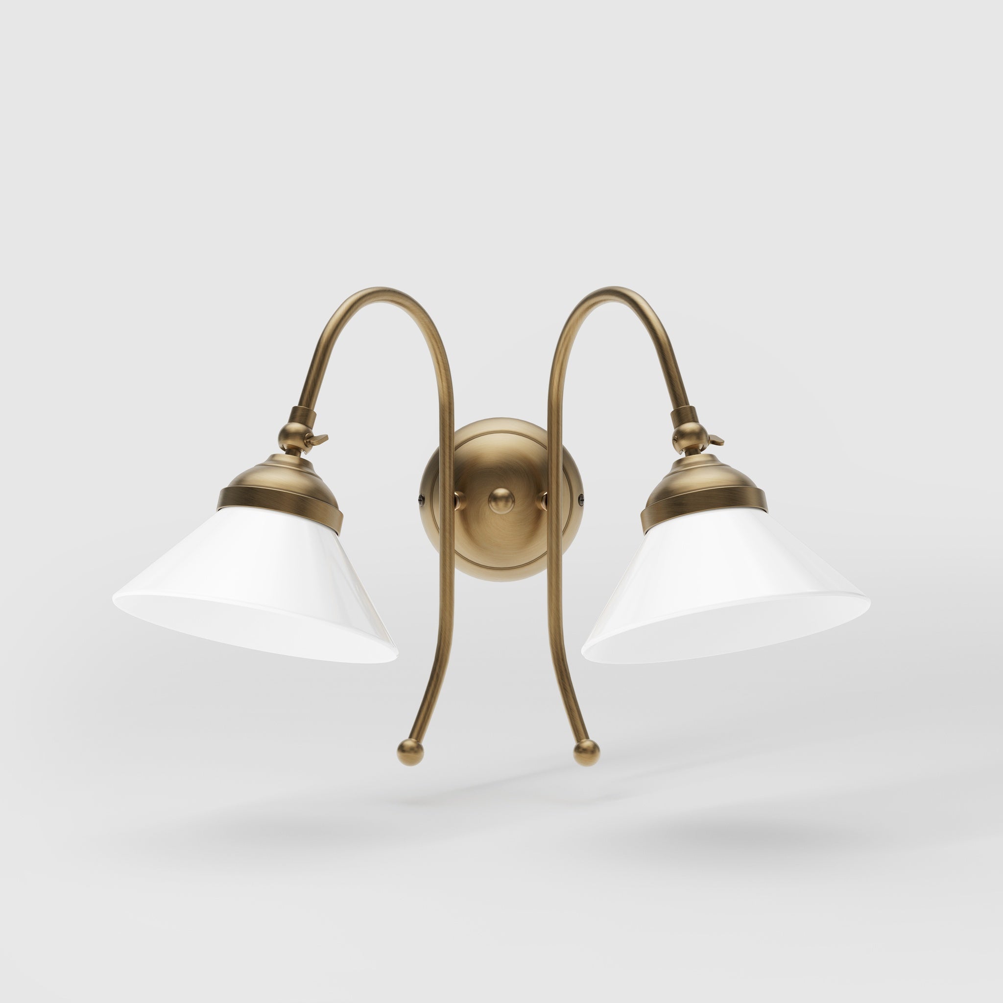 Double wall lamp in brass with conical glossy white glass shades and adjustable joints Italian design Made in Italy by Ghidini 1849 - Finish: OBS Bronze Satin Brass