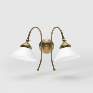 Double wall lamp in brass with conical glossy white glass shades and adjustable joints Italian design Made in Italy by Ghidini 1849 - Finish: OBS Bronze Satin Brass