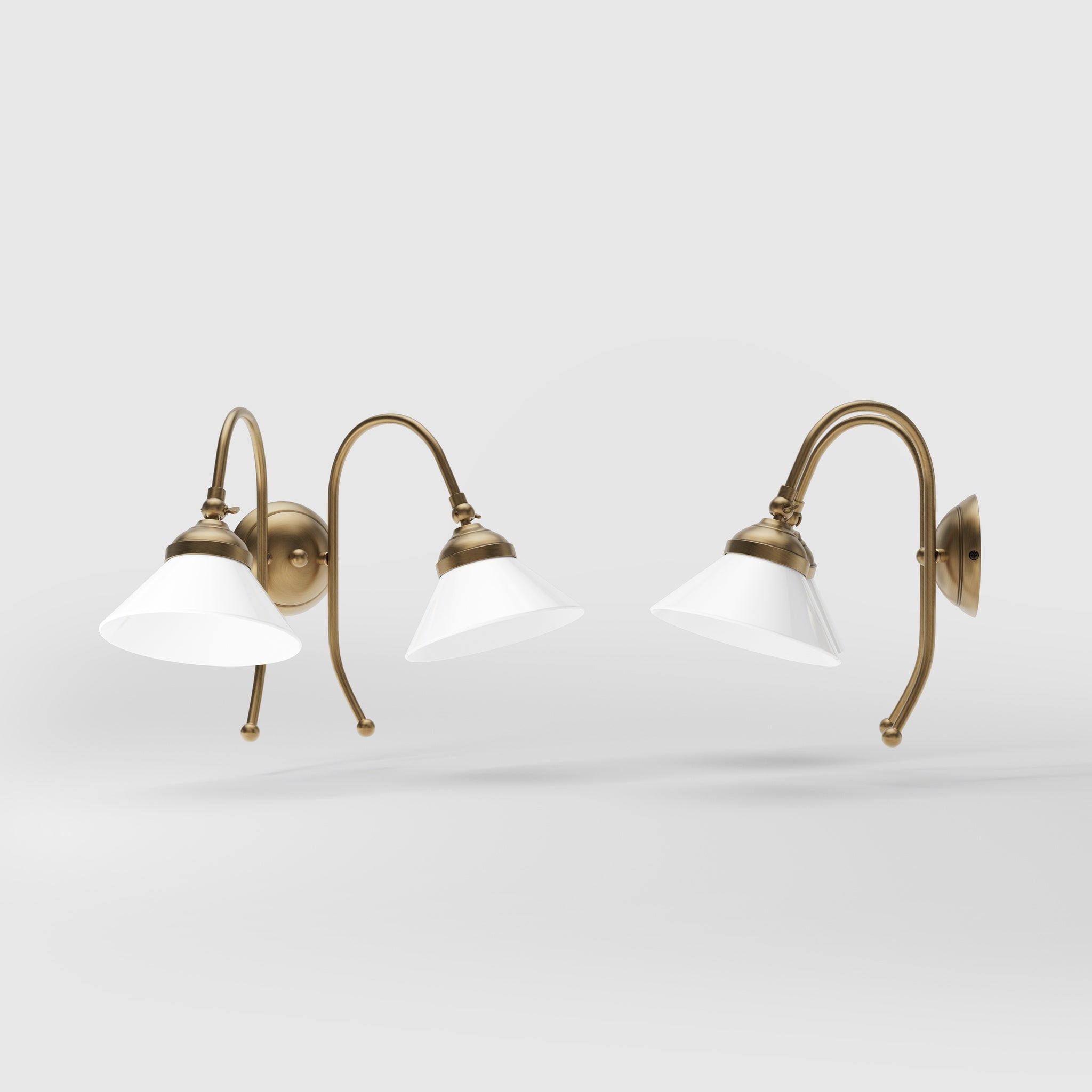 Double wall lamp in brass with conical glossy white glass shades and adjustable joints Italian design Made in Italy by Ghidini 1849 - Finish: OBS Bronze Satin Brass