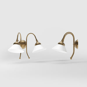 Double wall lamp in brass with conical glossy white glass shades and adjustable joints Italian design Made in Italy by Ghidini 1849 - Finish: OBS Bronze Satin Brass