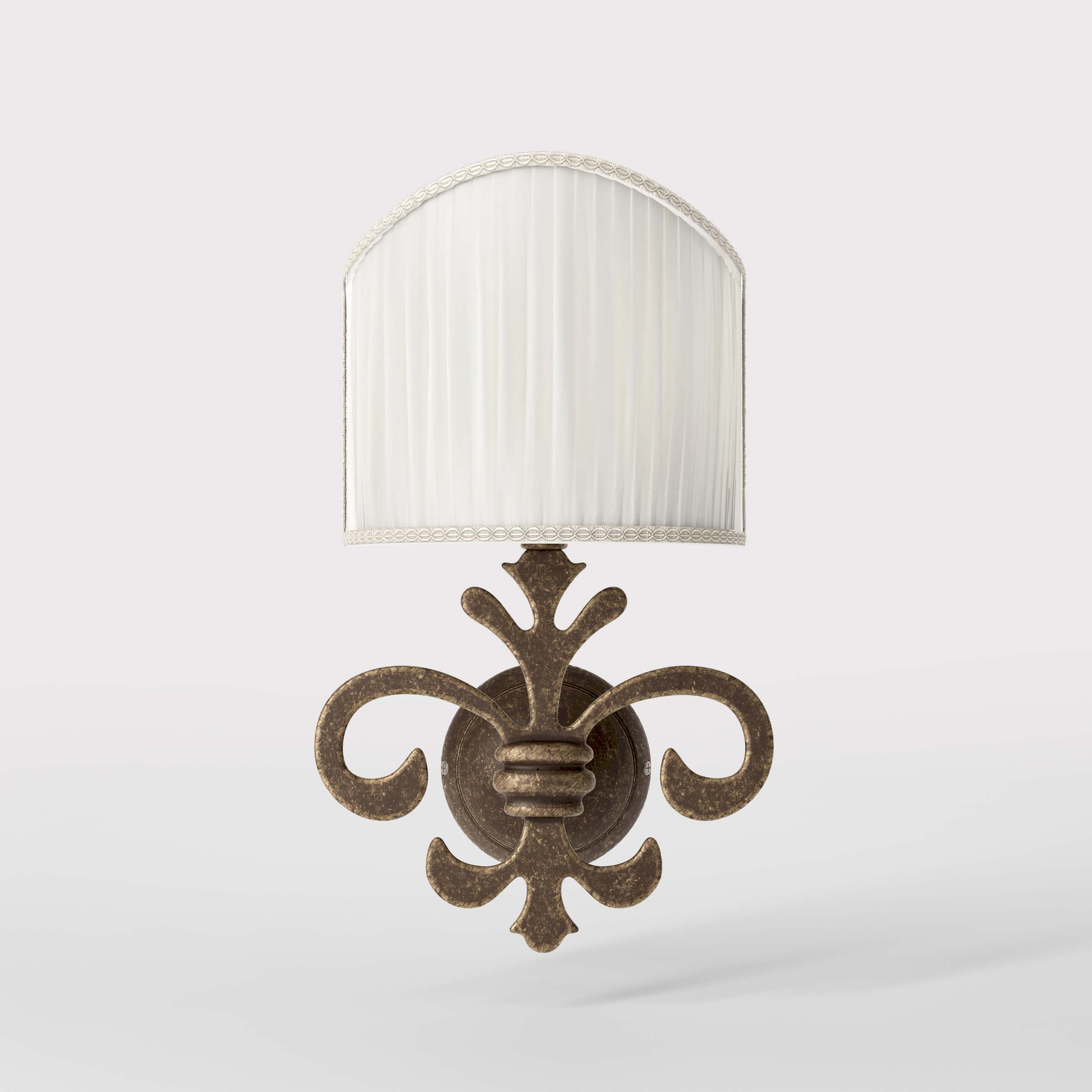 Baroque brass wall lamp with fleur-de-lis motif and decorative scrolls, ivory pleated shade, elegant classic style Made in Italy - Finish: OAS Antique Brass