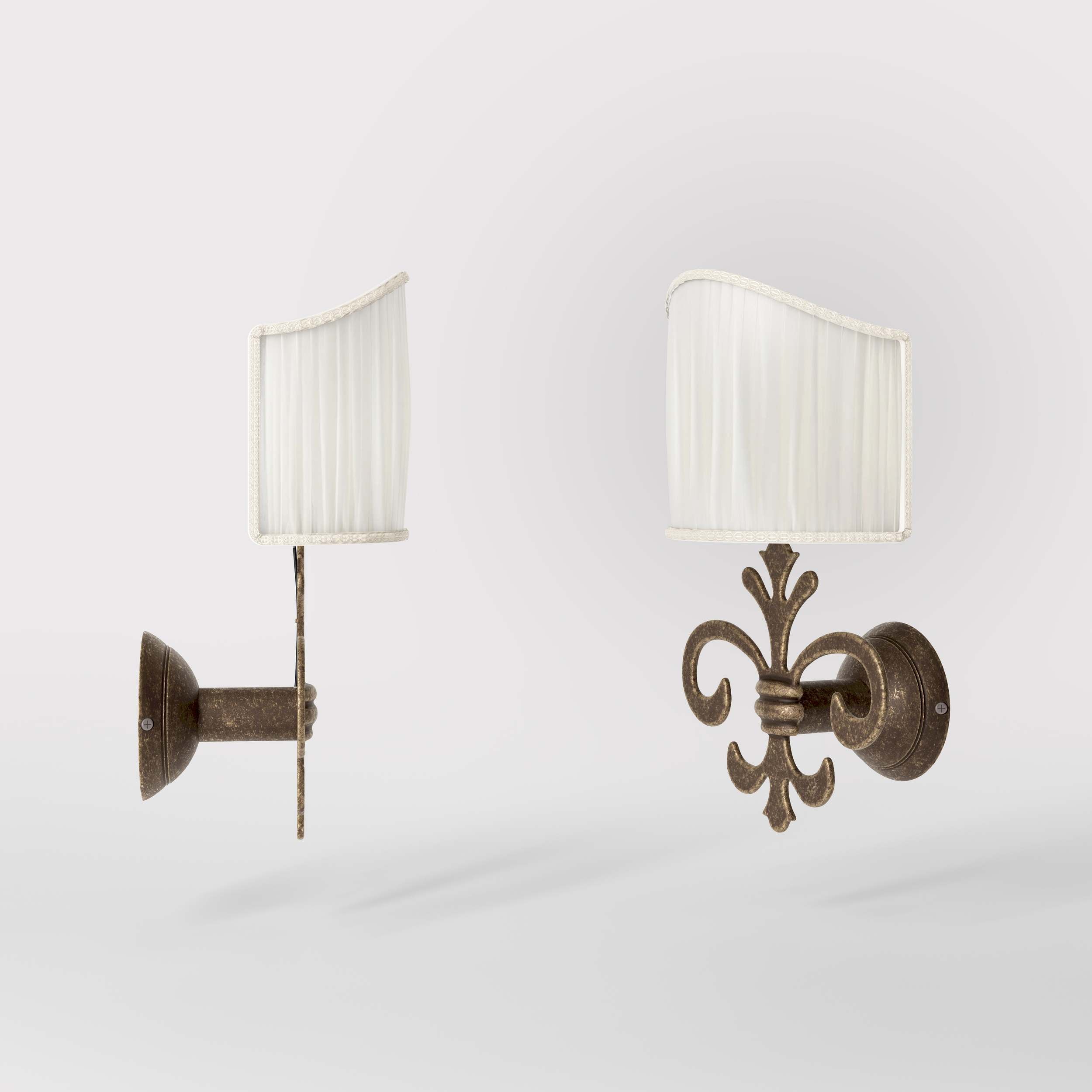 Baroque brass wall lamp with fleur-de-lis motif and decorative scrolls, ivory pleated shade, elegant classic style Made in Italy - Finish: OAS Antique Brass