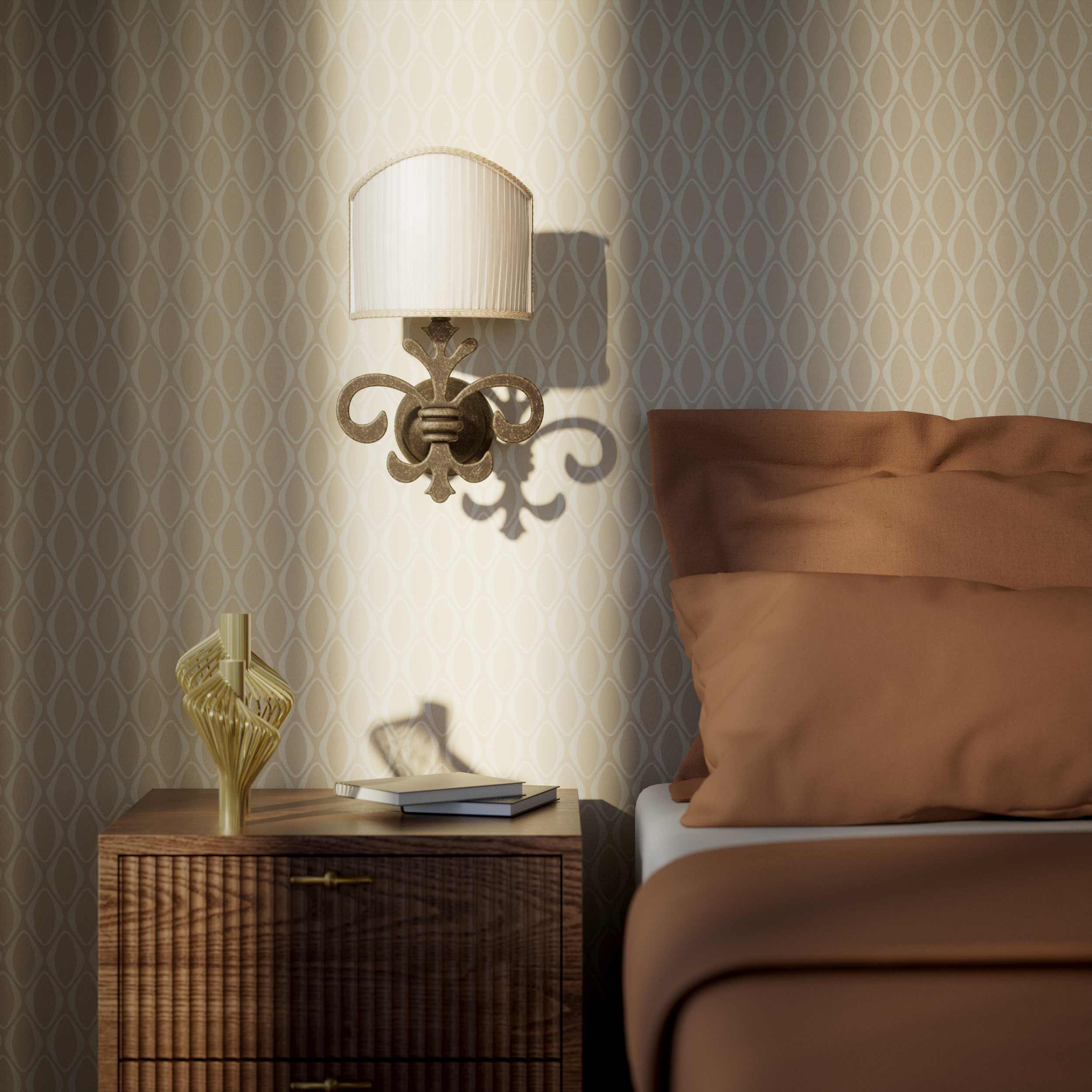 Baroque brass wall lamp with fleur-de-lis motif and decorative scrolls, ivory pleated shade, elegant classic style Made in Italy - Finish: OAS Antique Brass