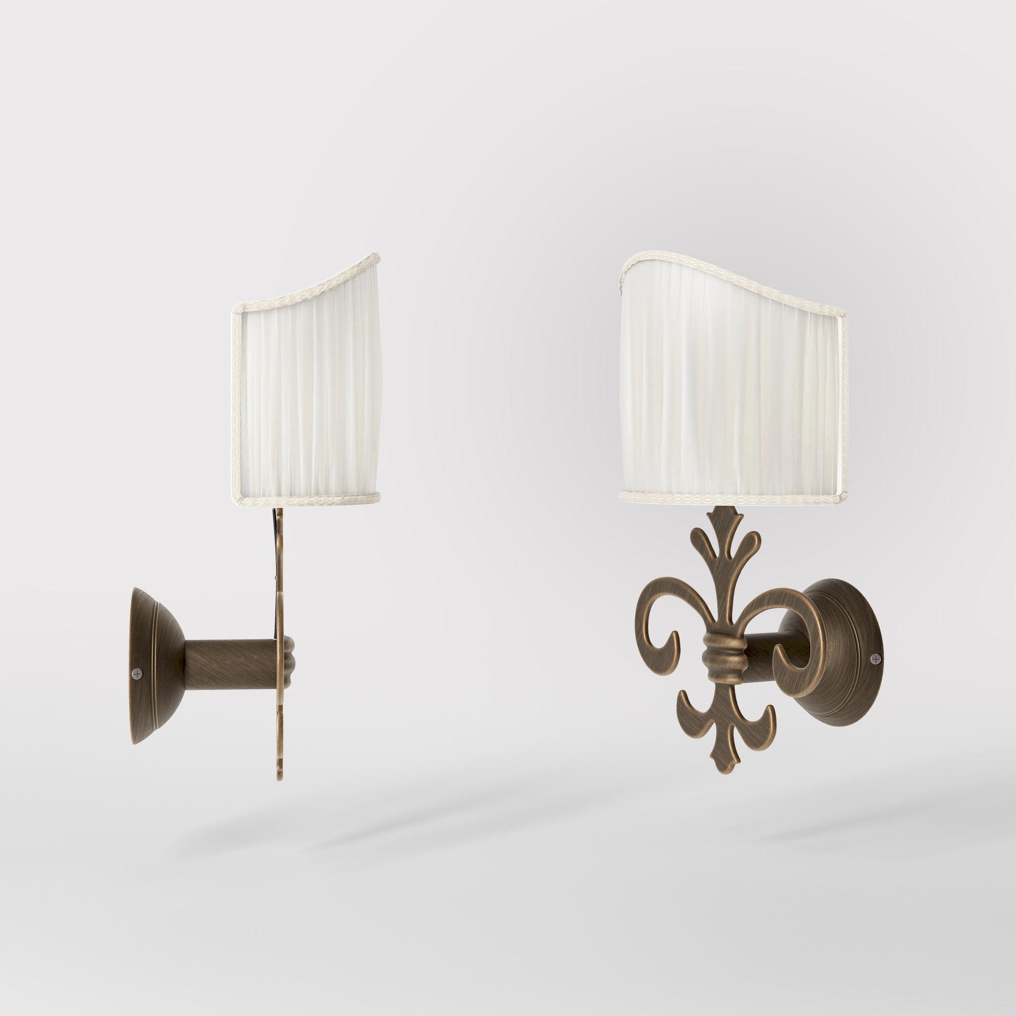 Baroque brass wall lamp with fleur-de-lis motif and decorative scrolls, ivory pleated shade, elegant classic style Made in Italy - Finish: OBM Bronze Satin Matt Brass