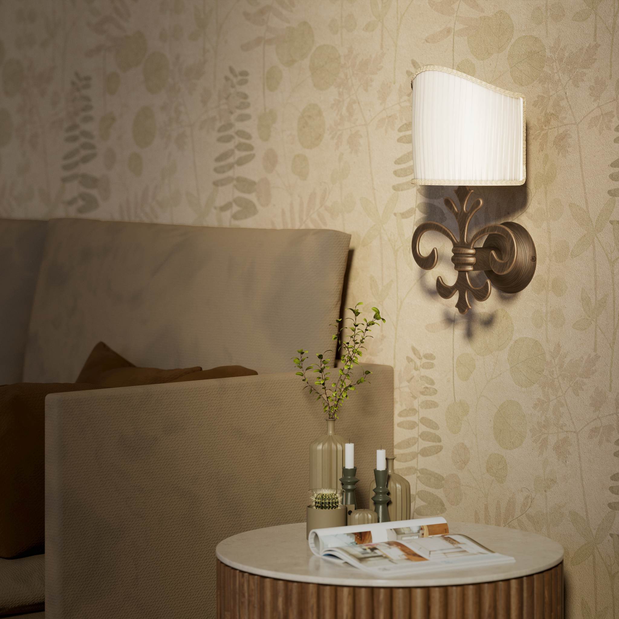 Baroque brass wall lamp with fleur-de-lis motif and decorative scrolls, ivory pleated shade, elegant classic style Made in Italy - Finish: OBM Bronze Satin Matt Brass