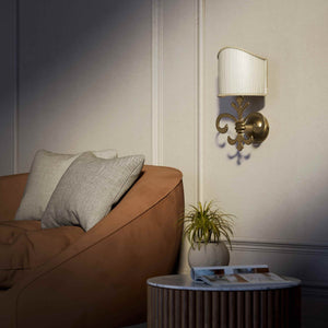Baroque brass wall lamp with fleur-de-lis motif and decorative scrolls, ivory pleated shade, elegant classic style Made in Italy - Finish: OBS Bronze Satin Brass